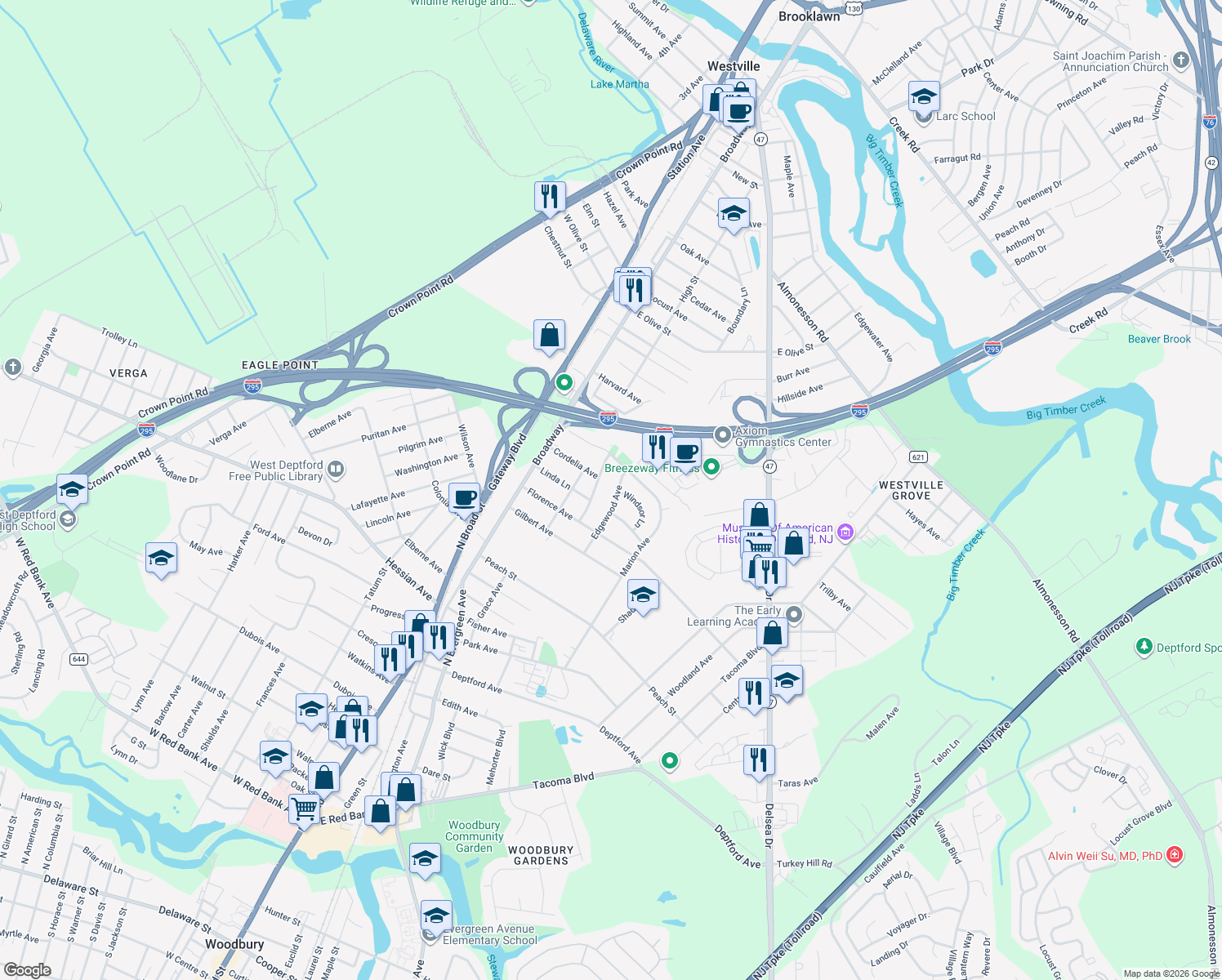map of restaurants, bars, coffee shops, grocery stores, and more near 1310 Edgewood Avenue in Westville