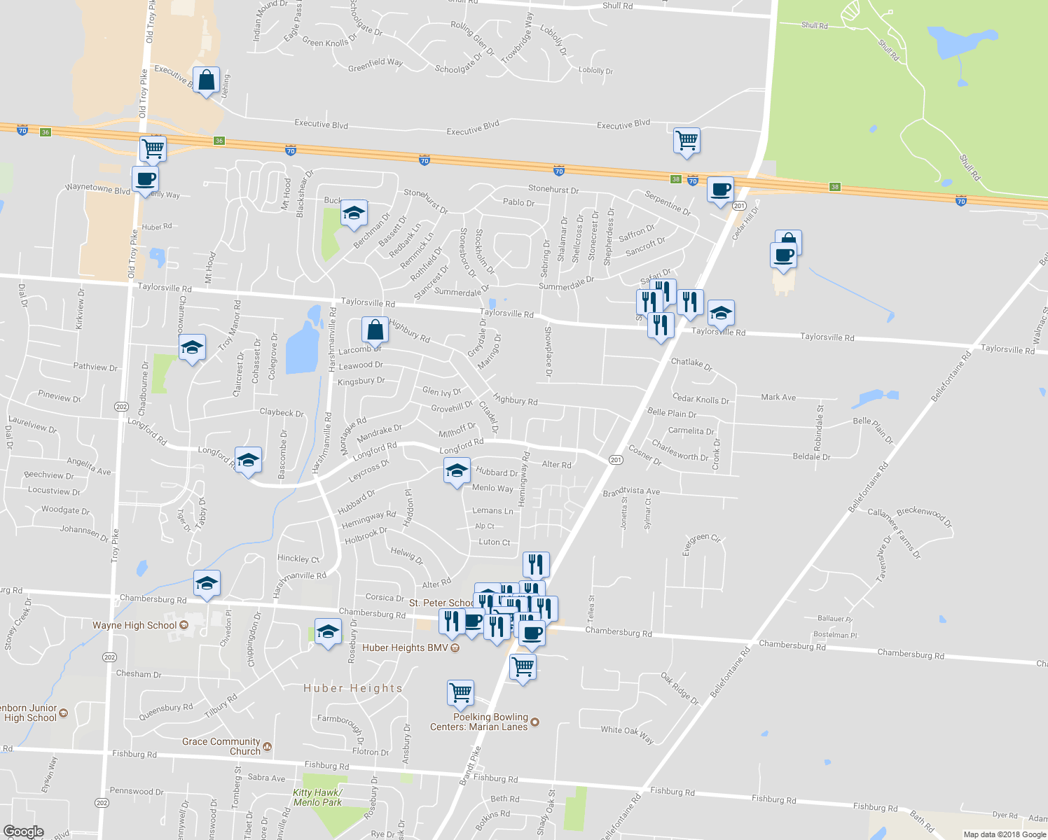 map of restaurants, bars, coffee shops, grocery stores, and more near 7127 Lunceford Drive in Dayton