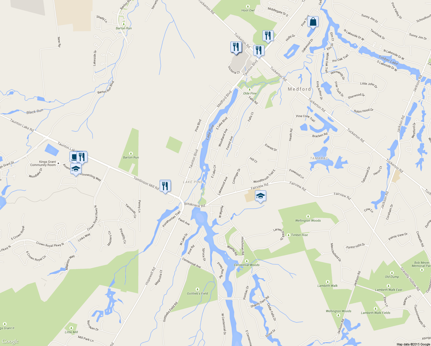 map of restaurants, bars, coffee shops, grocery stores, and more near 16 East Lake Circle in Medford