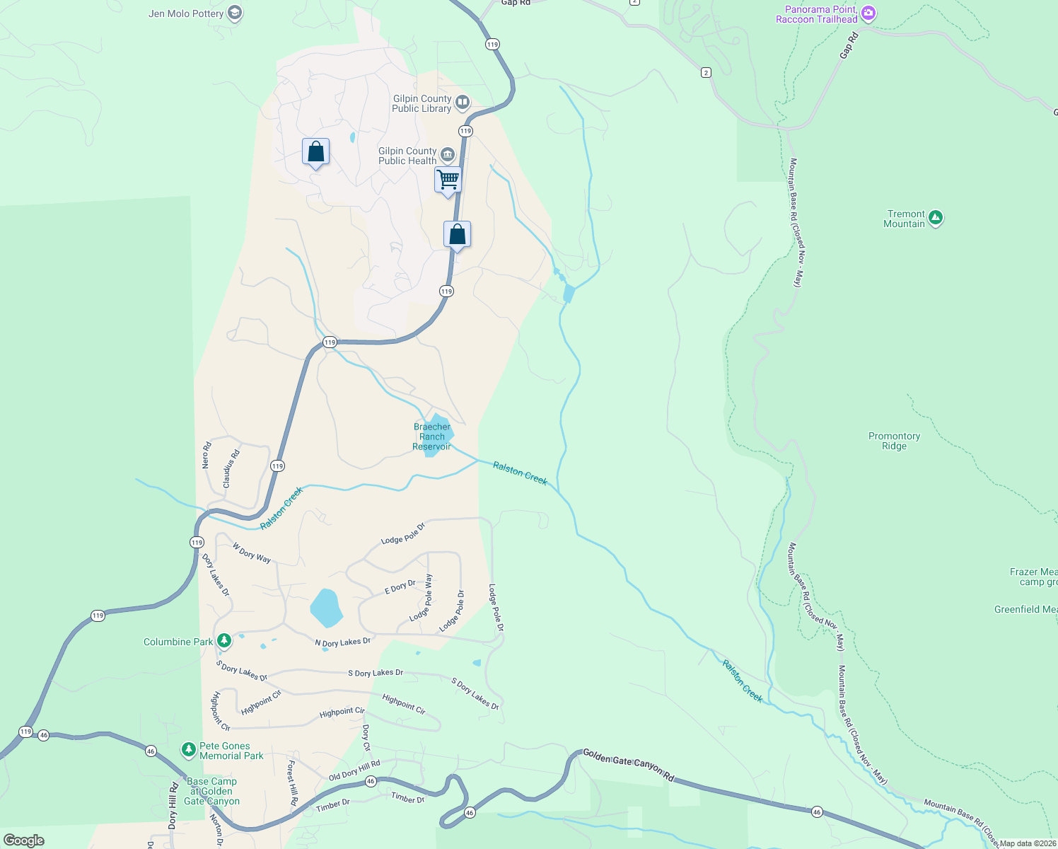 map of restaurants, bars, coffee shops, grocery stores, and more near Old Stage Road in Black Hawk