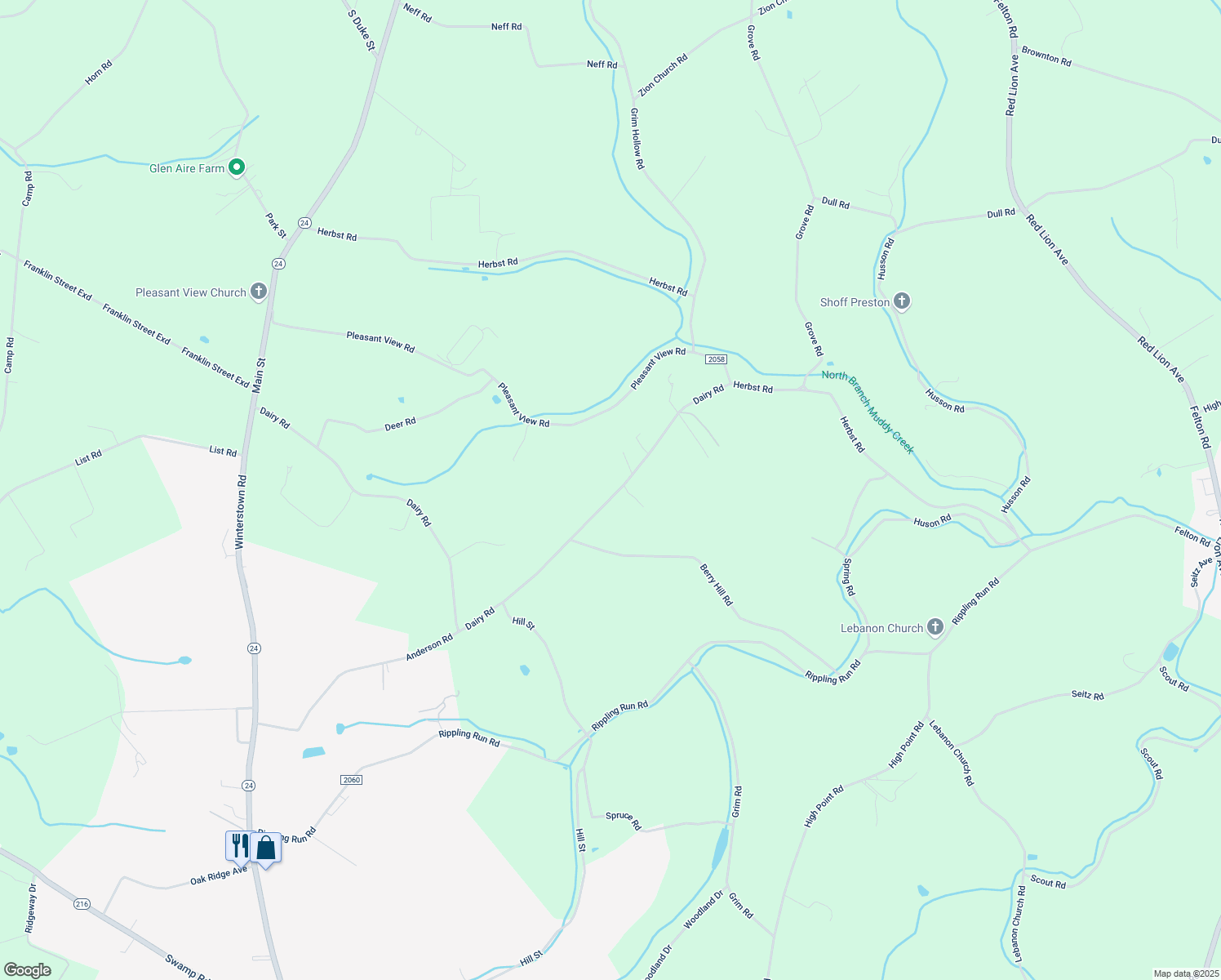 map of restaurants, bars, coffee shops, grocery stores, and more near 5922 Dairy Road in Red Lion