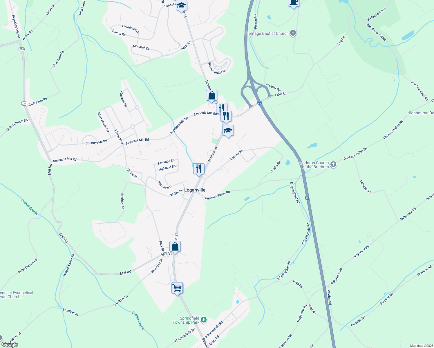 map of restaurants, bars, coffee shops, grocery stores, and more near 105 Loucks Street in York