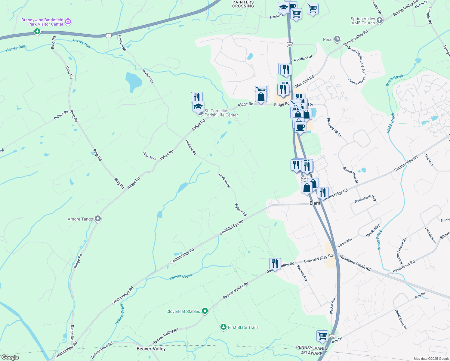map of restaurants, bars, coffee shops, grocery stores, and more near 154 Heyburn Road in Chadds Ford