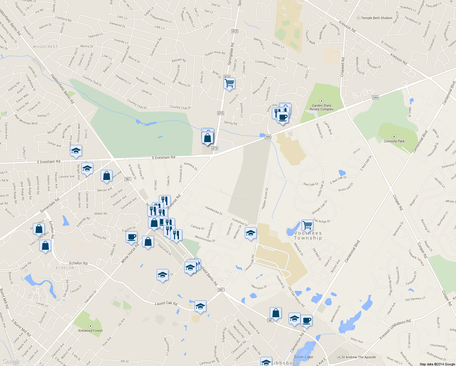 map of restaurants, bars, coffee shops, grocery stores, and more near 1407 White Horse Road in Voorhees Township