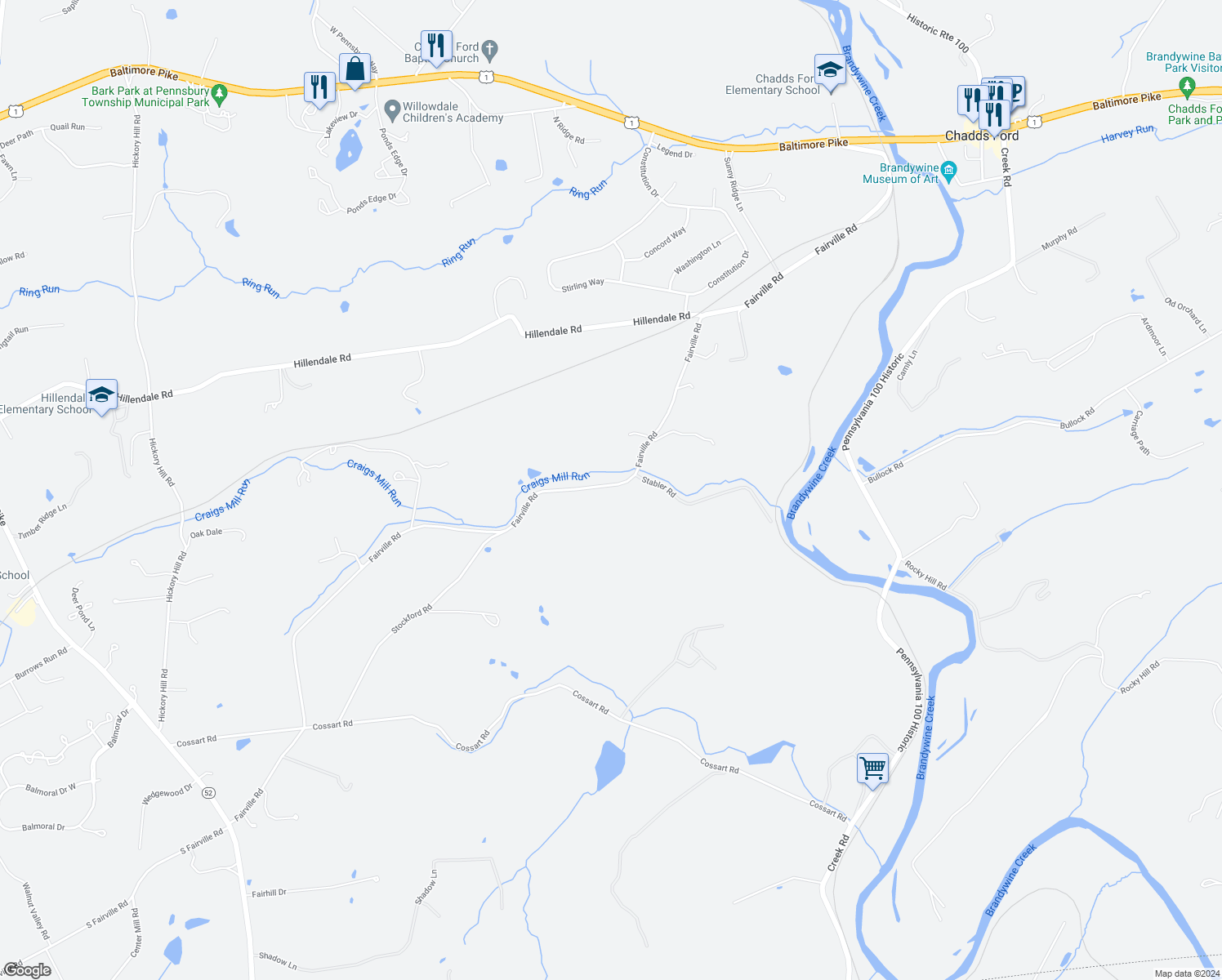 map of restaurants, bars, coffee shops, grocery stores, and more near 820 Fairville Road in Chadds Ford