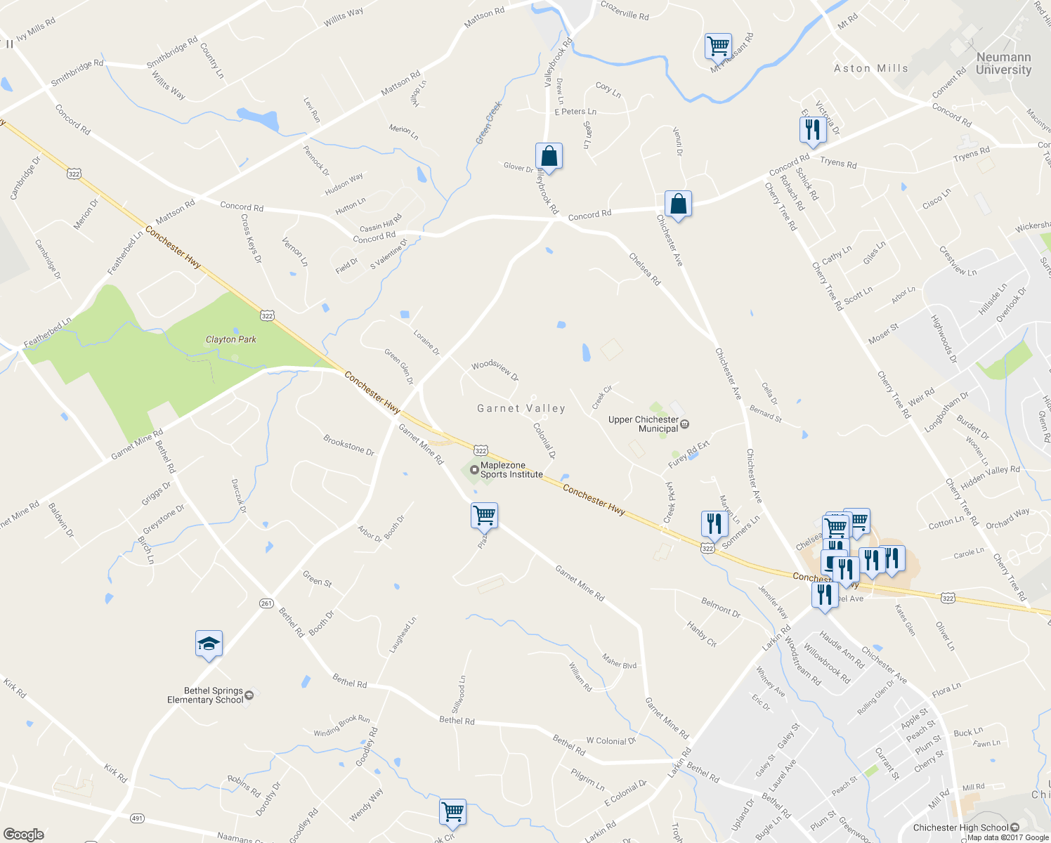 map of restaurants, bars, coffee shops, grocery stores, and more near 1517 Colonial Drive in Garnet Valley