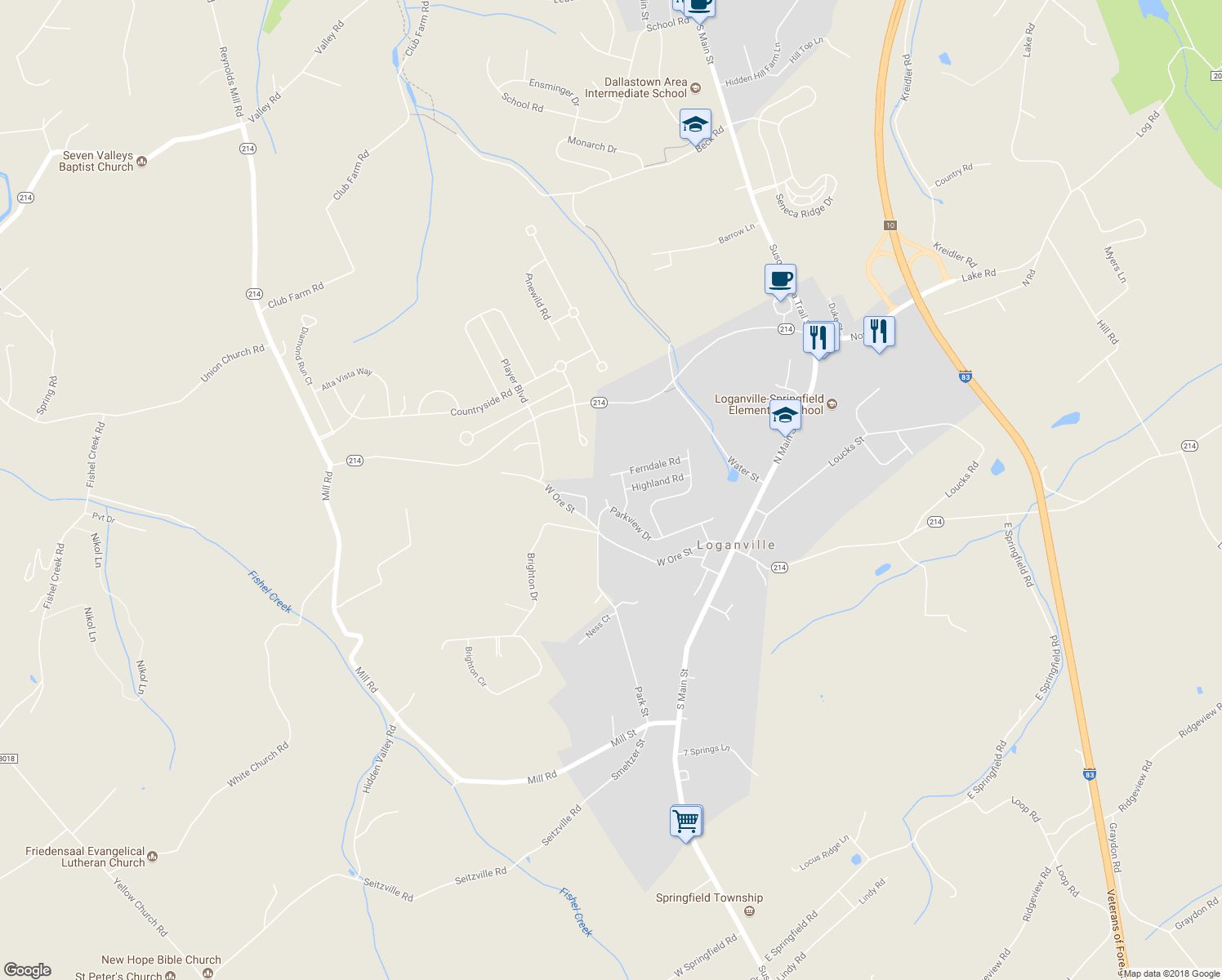 map of restaurants, bars, coffee shops, grocery stores, and more near 35 Parkview Drive in Seven Valleys