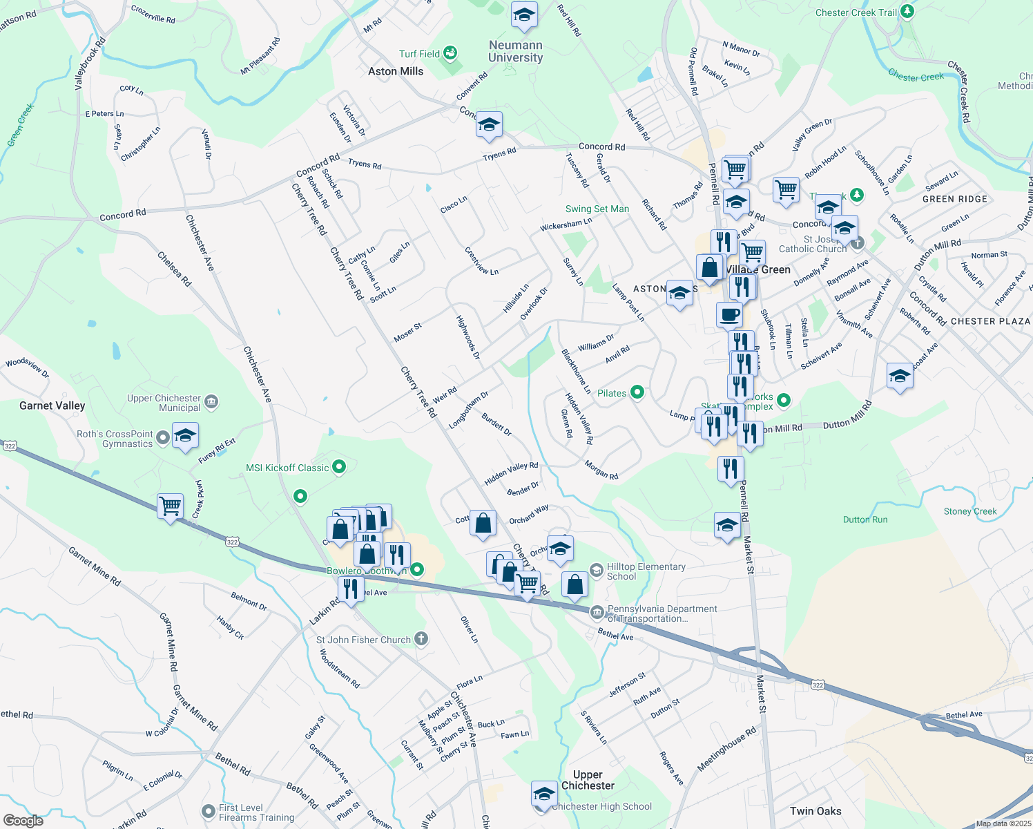map of restaurants, bars, coffee shops, grocery stores, and more near 743 Goodale Drive in Aston