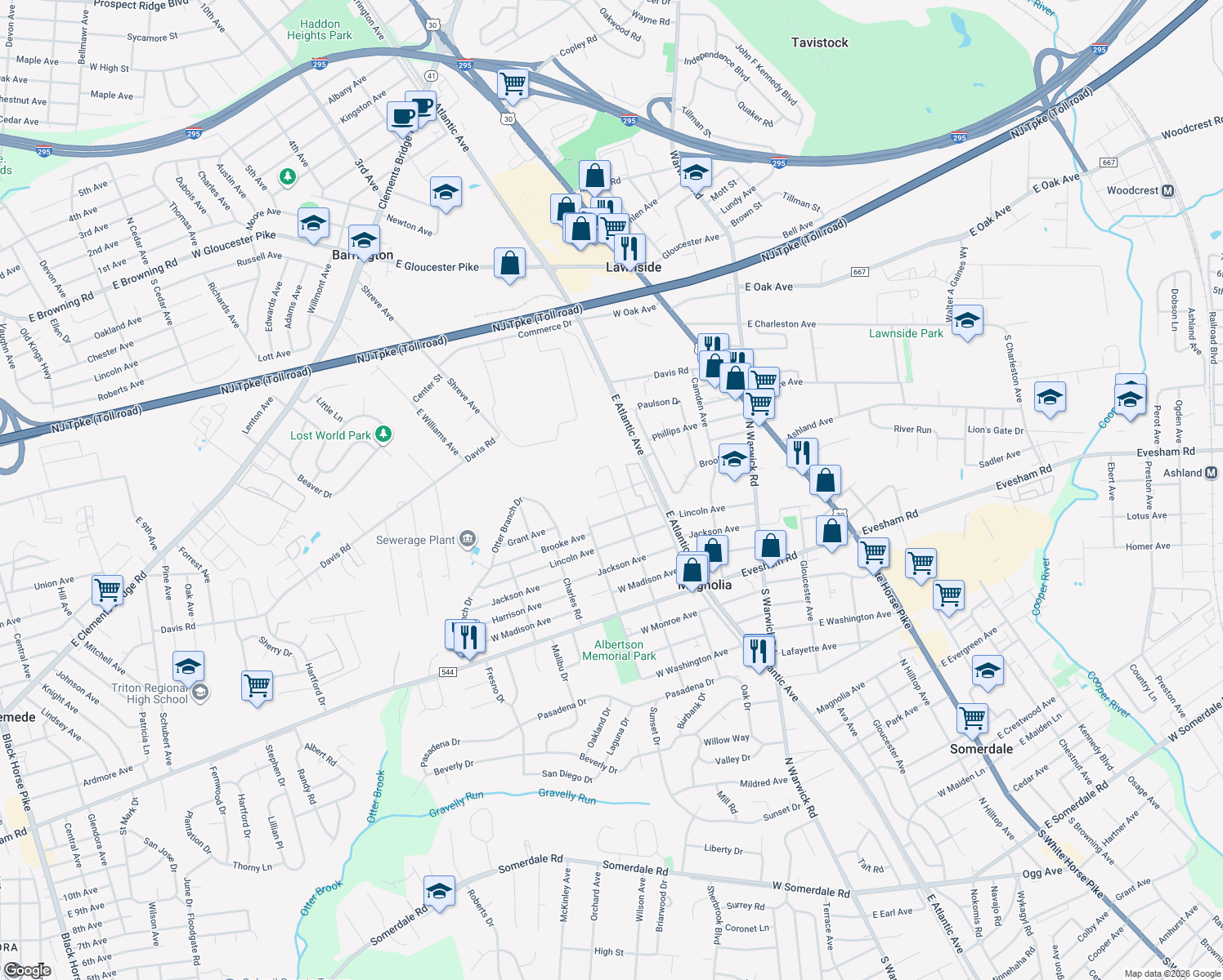 map of restaurants, bars, coffee shops, grocery stores, and more near 600 North Walnut Avenue in Magnolia