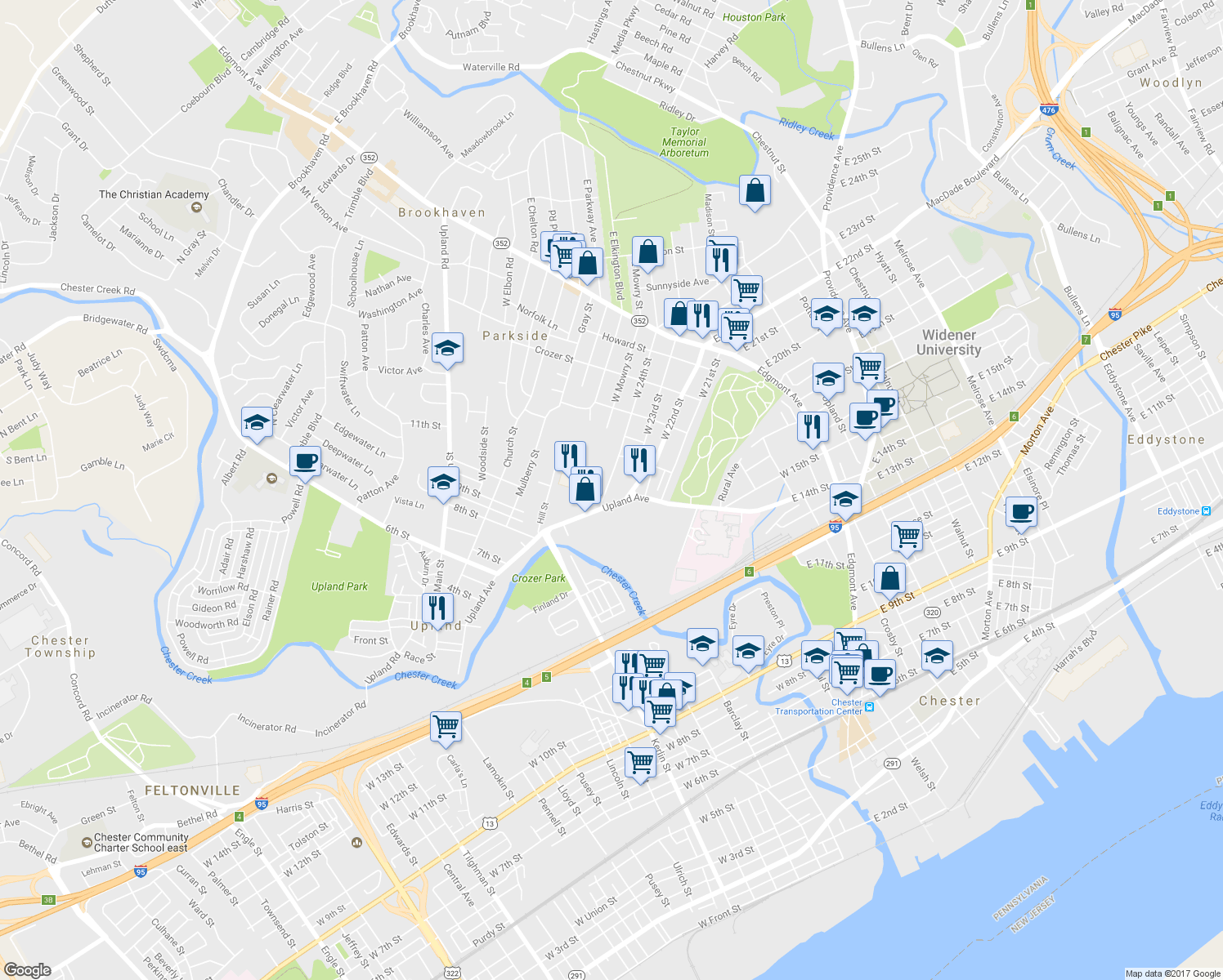 map of restaurants, bars, coffee shops, grocery stores, and more near 519 West 24th Street in Chester