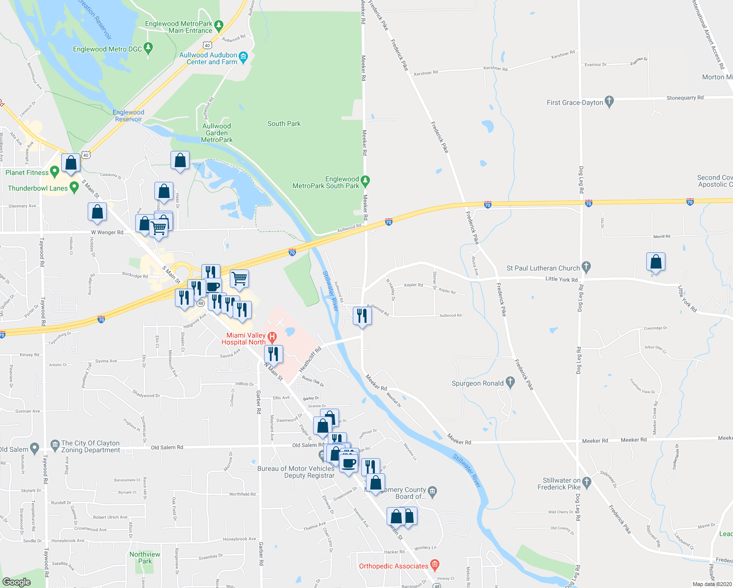 map of restaurants, bars, coffee shops, grocery stores, and more near 400 Little York Road in Dayton
