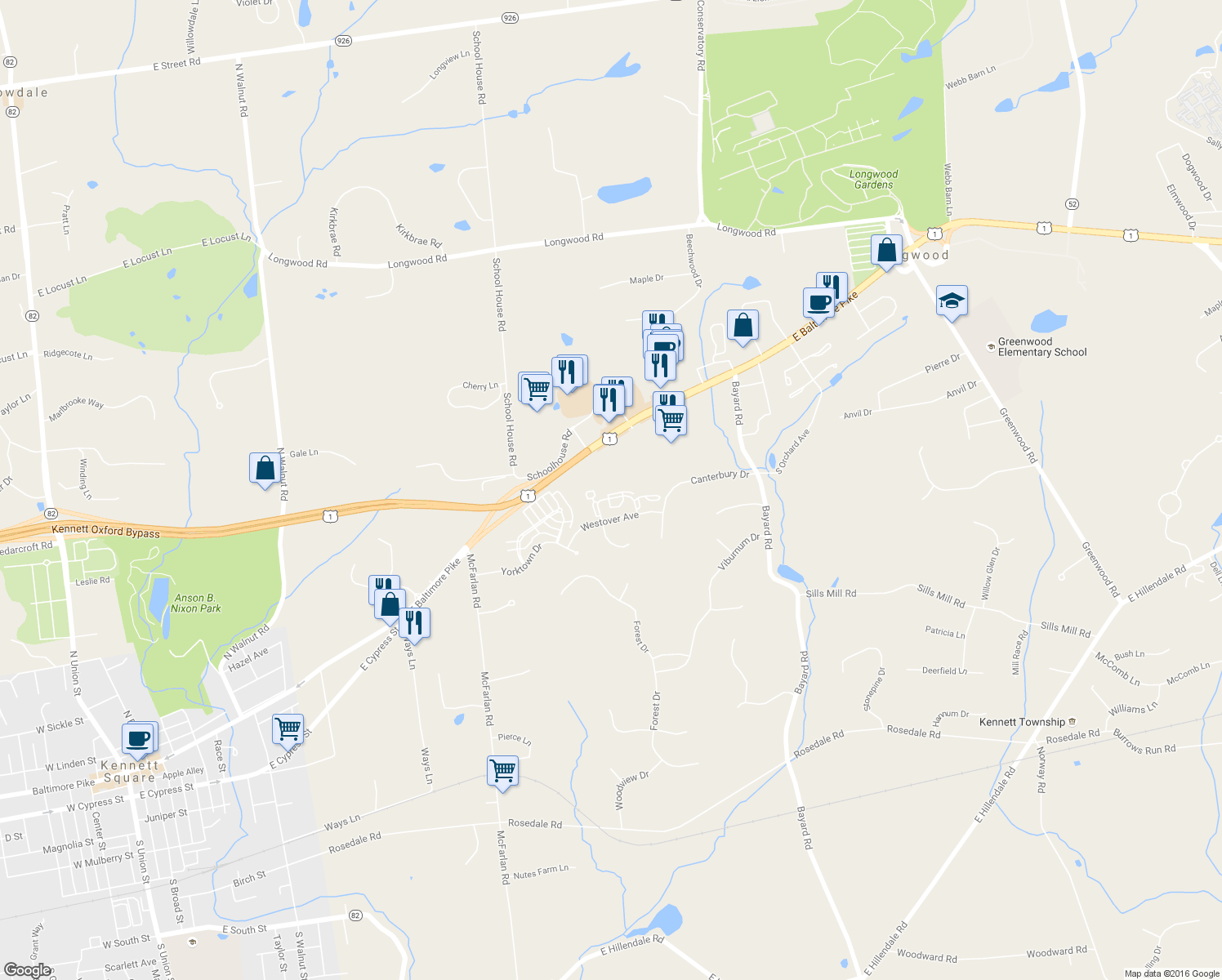 map of restaurants, bars, coffee shops, grocery stores, and more near 161 Cambridge Circle in Kennett Square