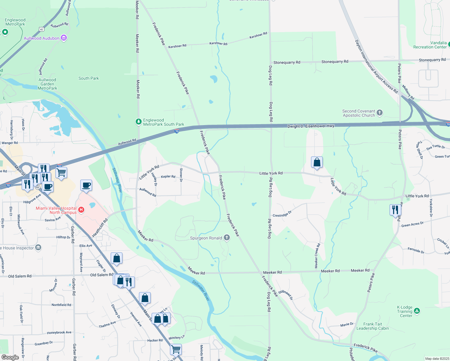 map of restaurants, bars, coffee shops, grocery stores, and more near 7600 Frederick Pike in Dayton