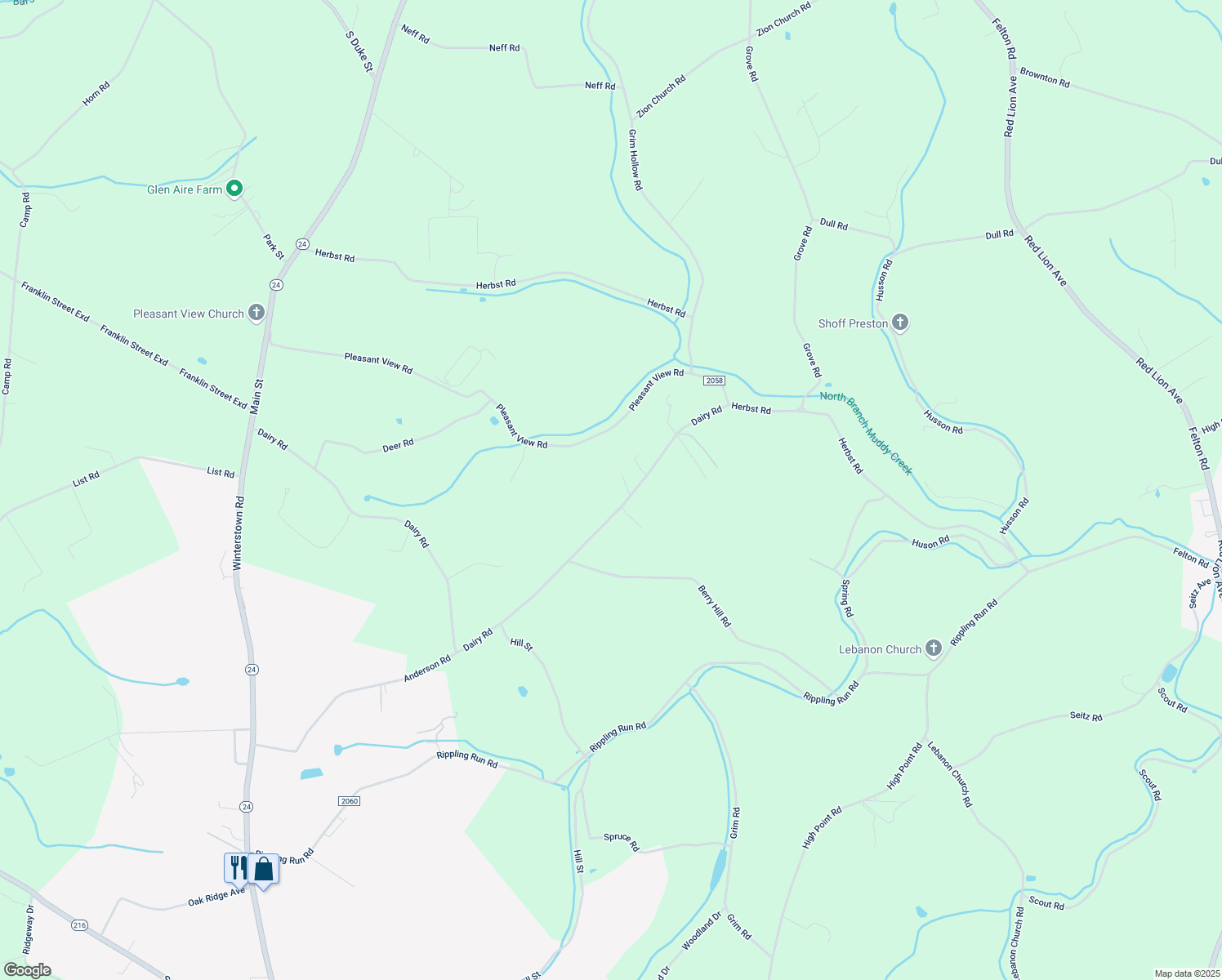 map of restaurants, bars, coffee shops, grocery stores, and more near 5922 Dairy Road in Red Lion