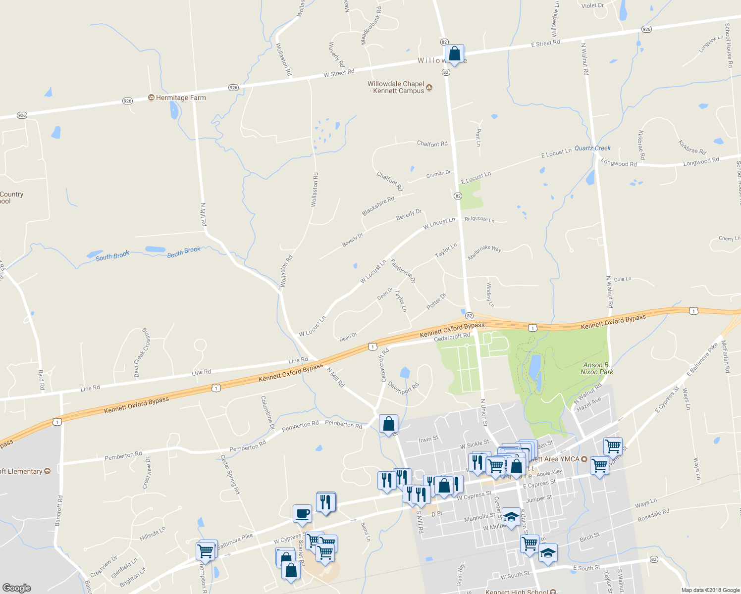 map of restaurants, bars, coffee shops, grocery stores, and more near 411 Dean Drive in Kennett Square