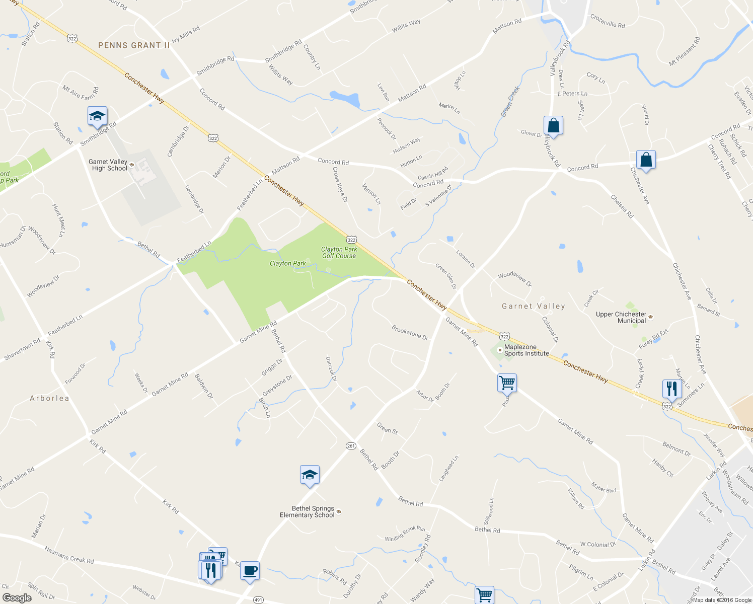 map of restaurants, bars, coffee shops, grocery stores, and more near 1260 Brookstone Drive in Garnet Valley