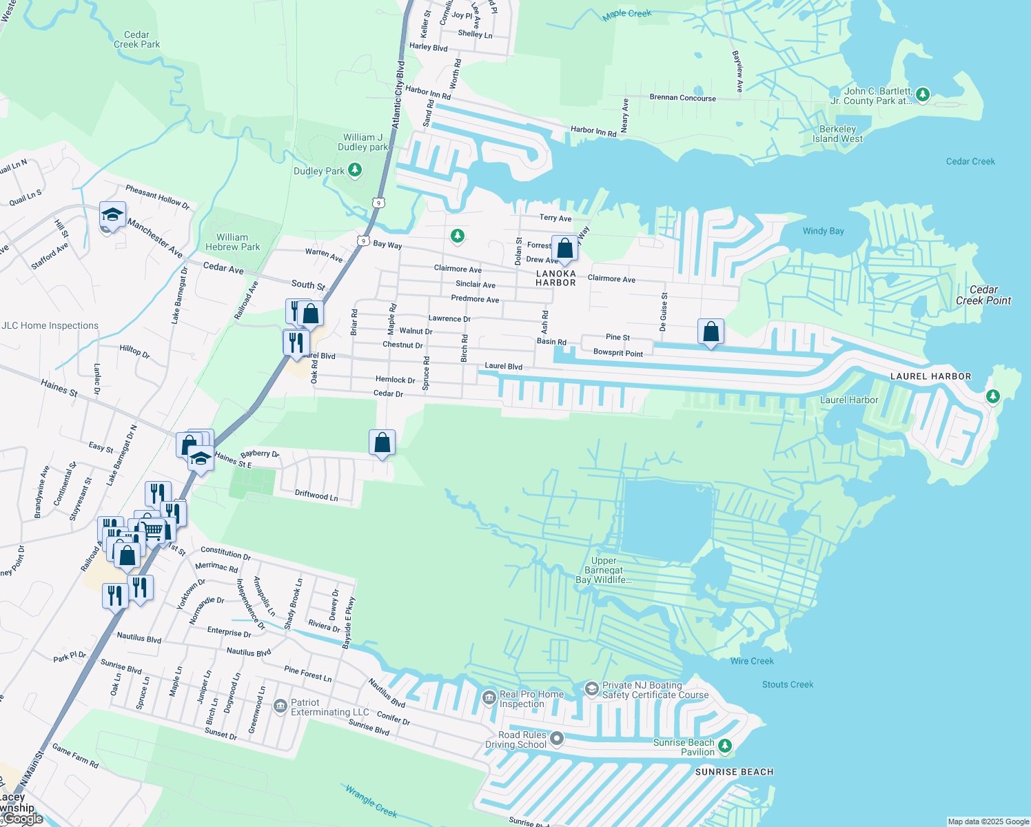 map of restaurants, bars, coffee shops, grocery stores, and more near 423 Cedar Drive in Lacey Township