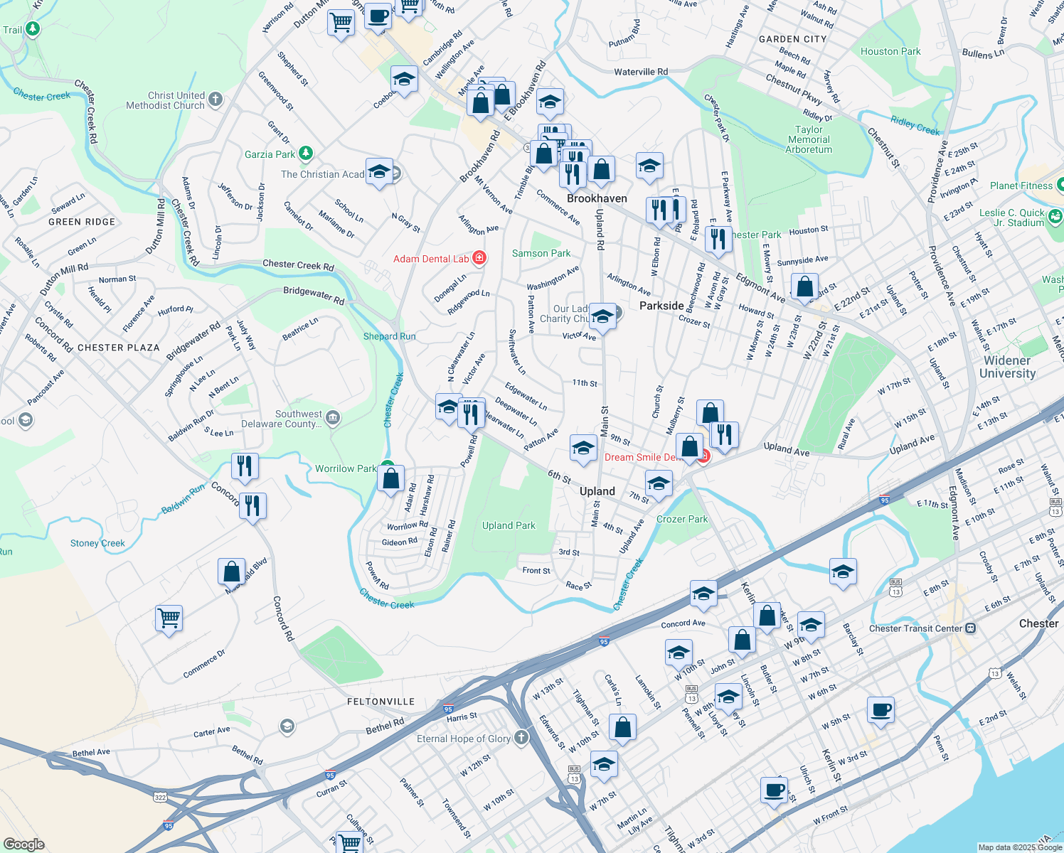 map of restaurants, bars, coffee shops, grocery stores, and more near 3616 Deepwater Lane in Brookhaven