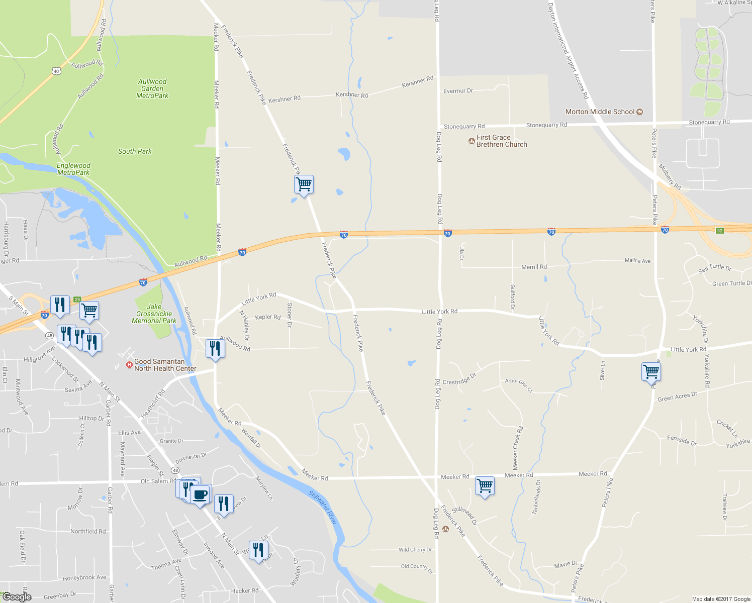 map of restaurants, bars, coffee shops, grocery stores, and more near 1915 Little York Road in Dayton
