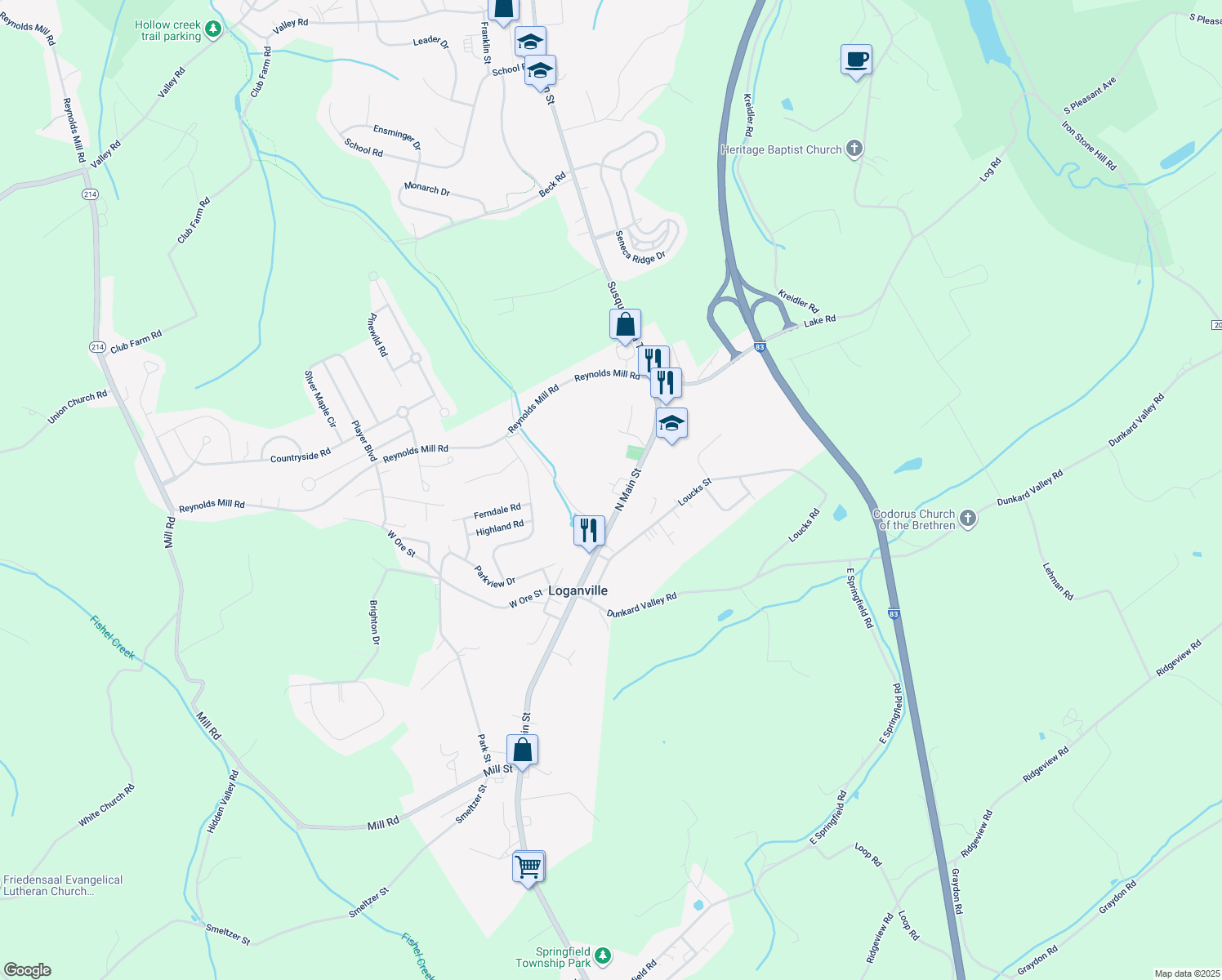 map of restaurants, bars, coffee shops, grocery stores, and more near 132 North Main Street in York
