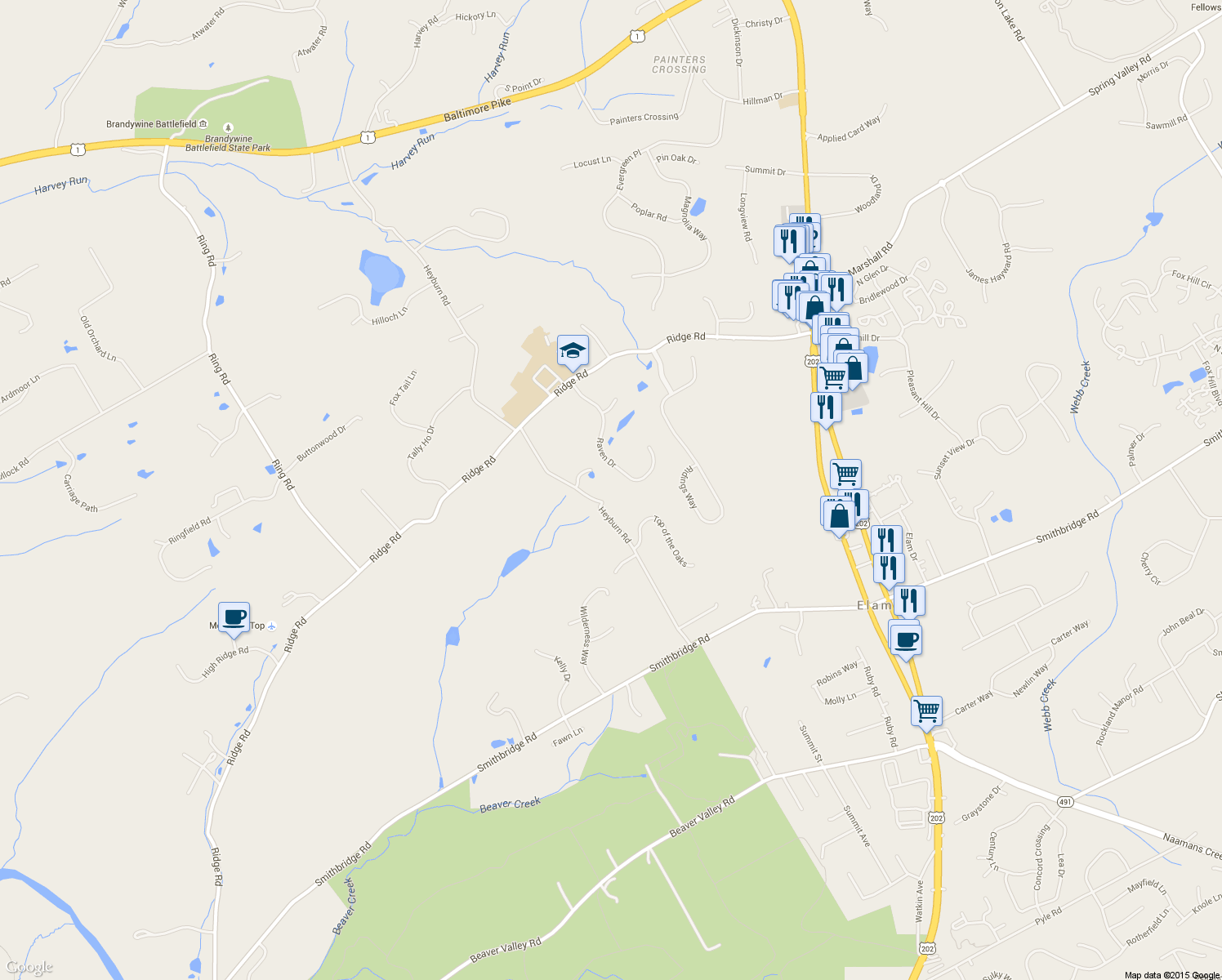 map of restaurants, bars, coffee shops, grocery stores, and more near 265 Heyburn Road in Chadds Ford