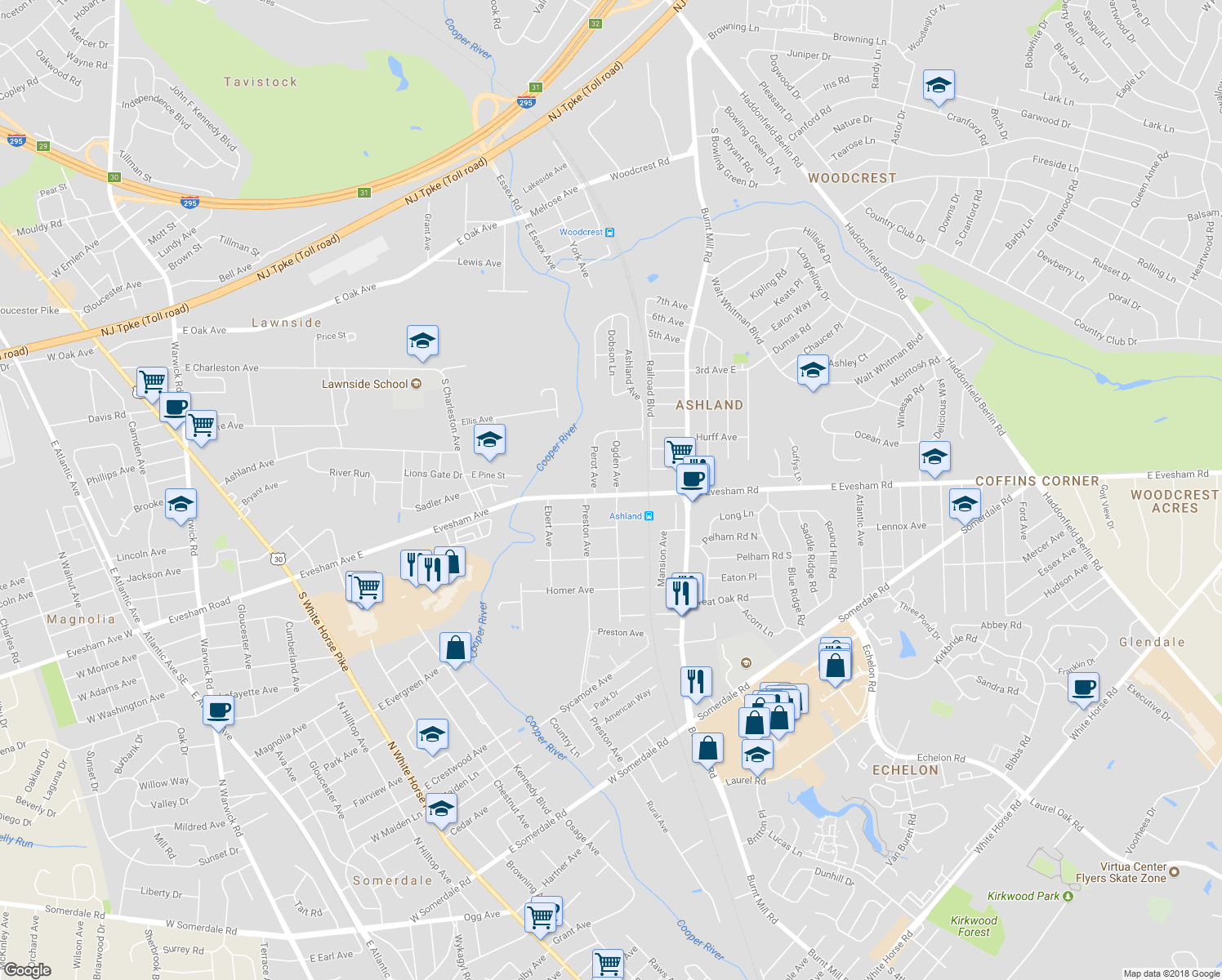 map of restaurants, bars, coffee shops, grocery stores, and more near 2 Ashland Avenue in Cherry Hill