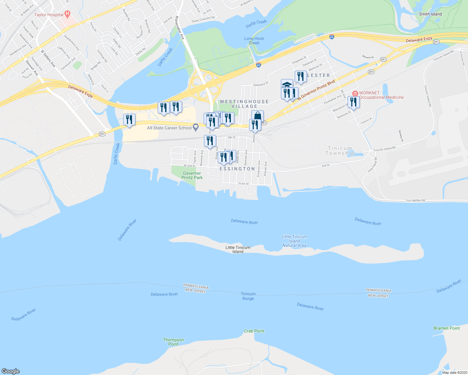 map of restaurants, bars, coffee shops, grocery stores, and more near 9 Riverwatch Court in Tinicum Township