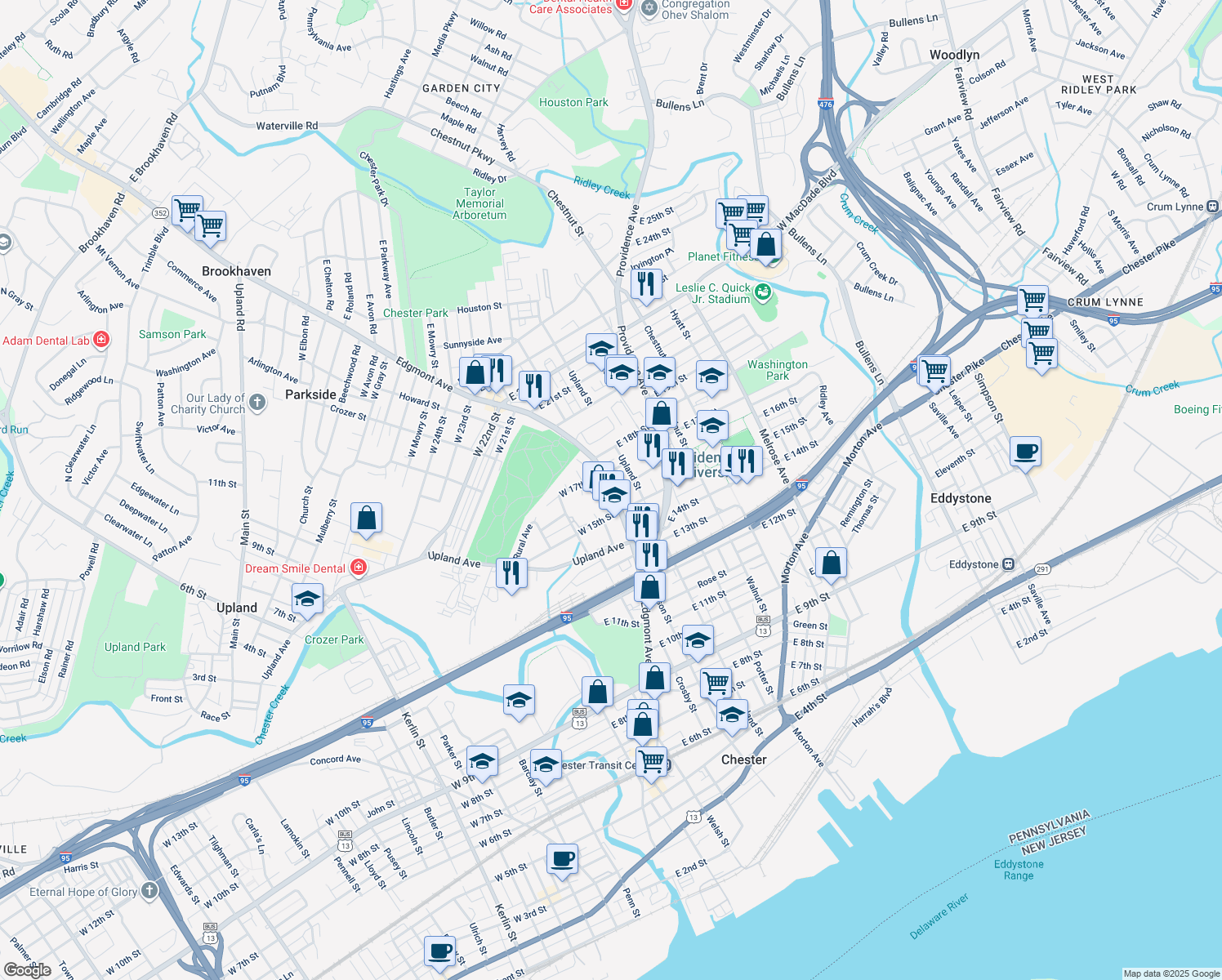 map of restaurants, bars, coffee shops, grocery stores, and more near 1617 Edgmont Avenue in Chester