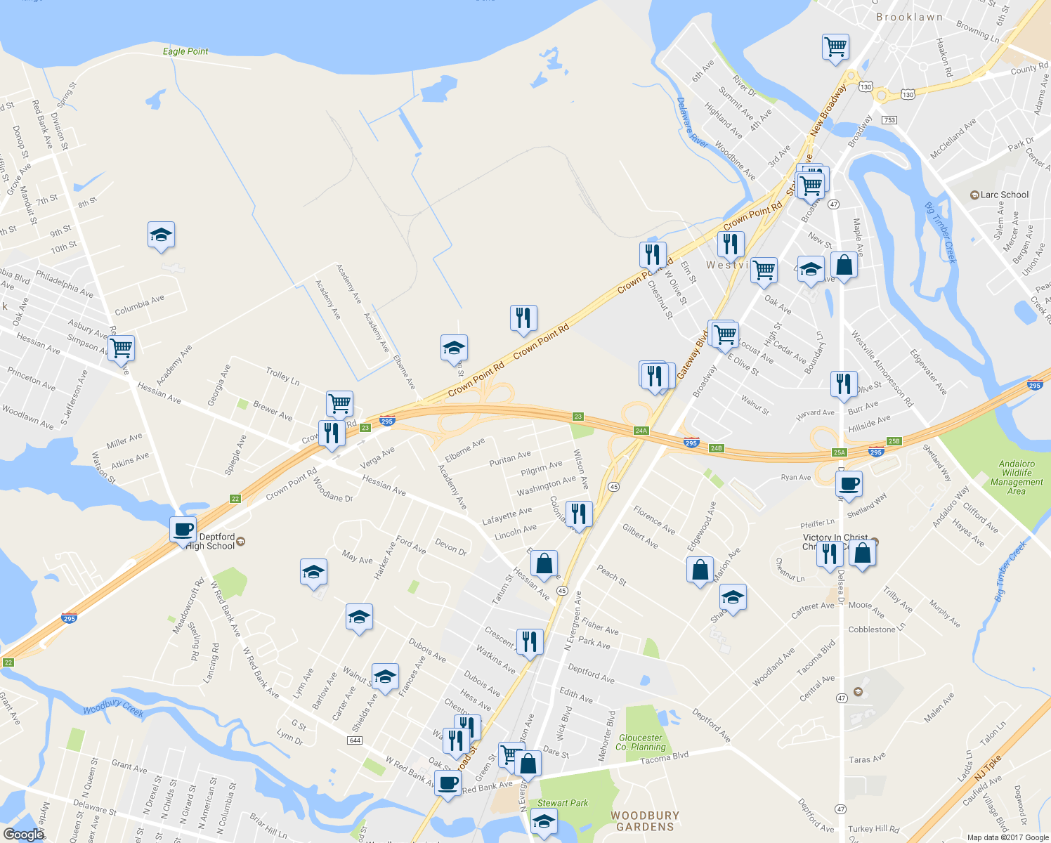 map of restaurants, bars, coffee shops, grocery stores, and more near 1337 Raphael Place in Woodbury