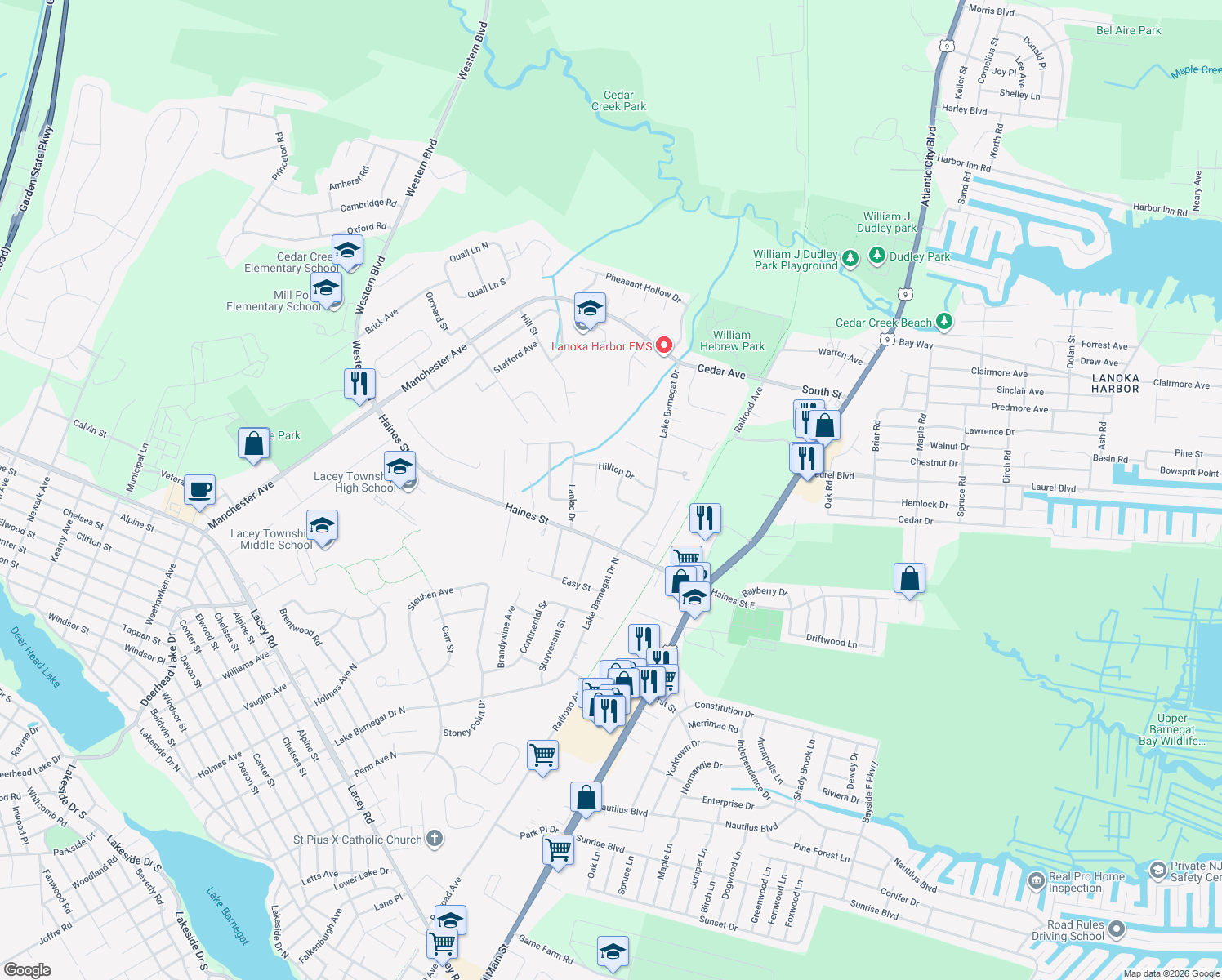 map of restaurants, bars, coffee shops, grocery stores, and more near 31 Ernest Drive in Lacey Township