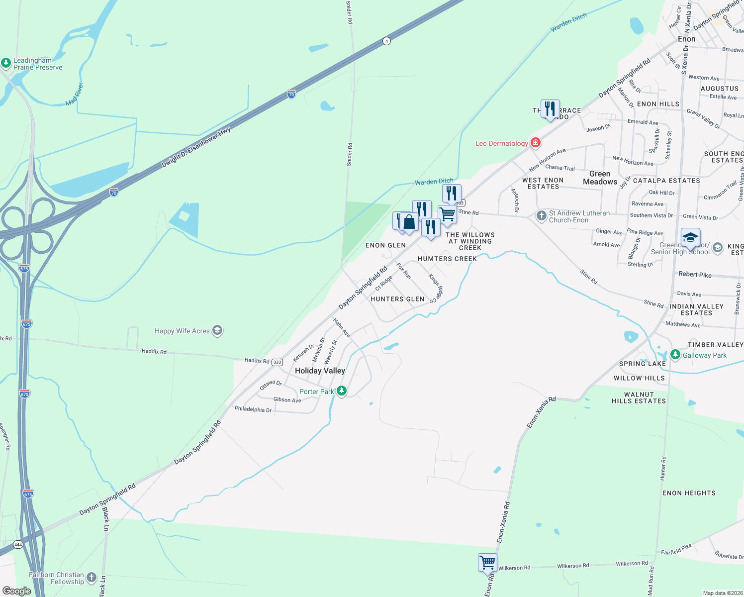 map of restaurants, bars, coffee shops, grocery stores, and more near 7909 Ct Ridge in Fairborn
