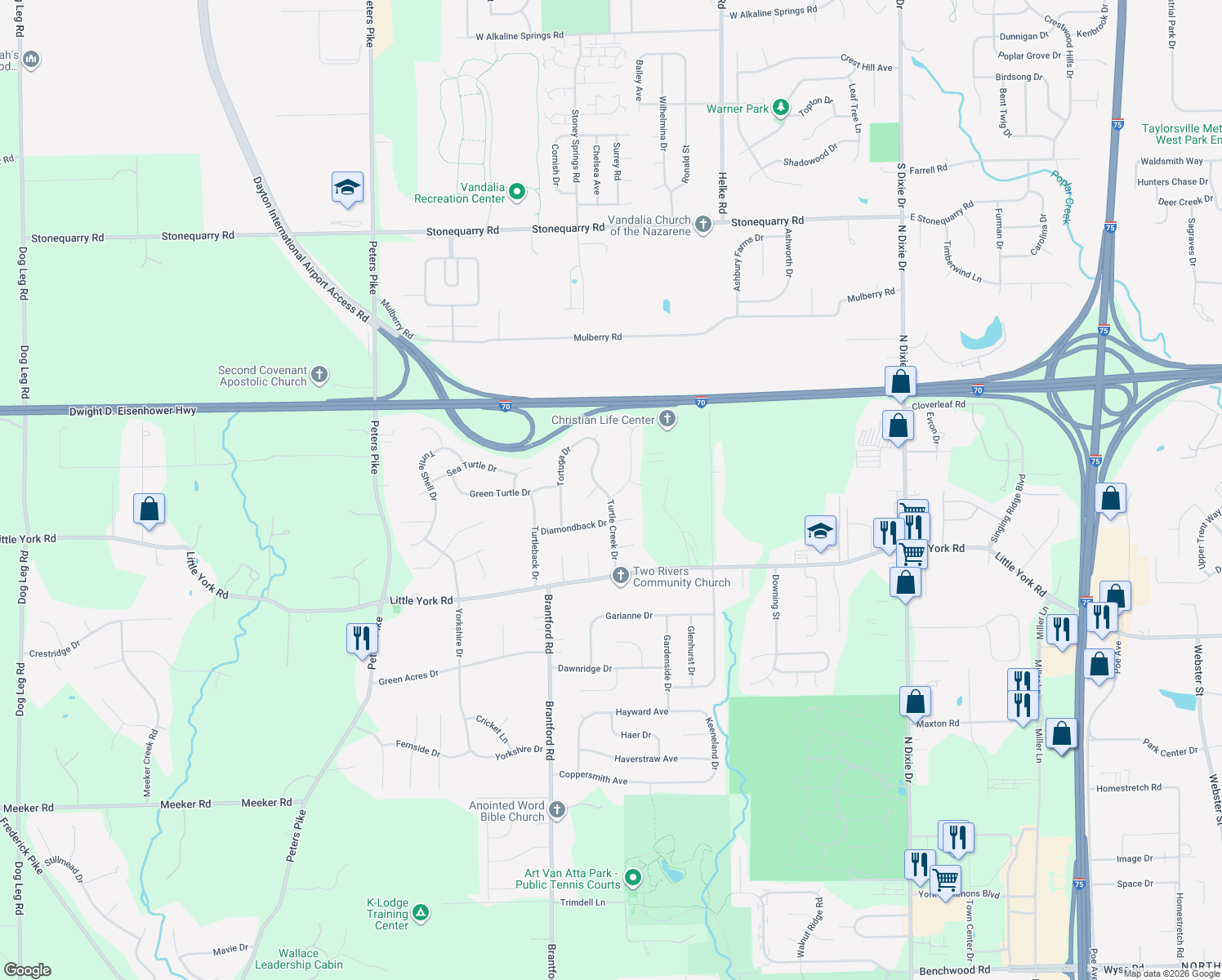map of restaurants, bars, coffee shops, grocery stores, and more near 7601 Painted Turtle Drive in Dayton