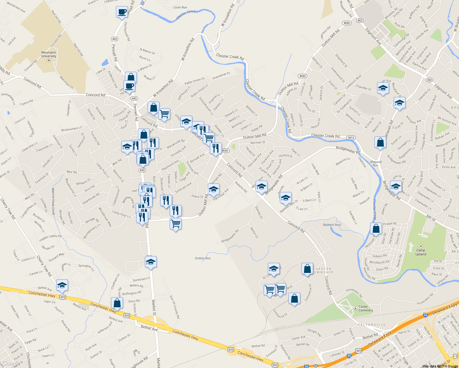 map of restaurants, bars, coffee shops, grocery stores, and more near 102 Pancoast Avenue in Aston