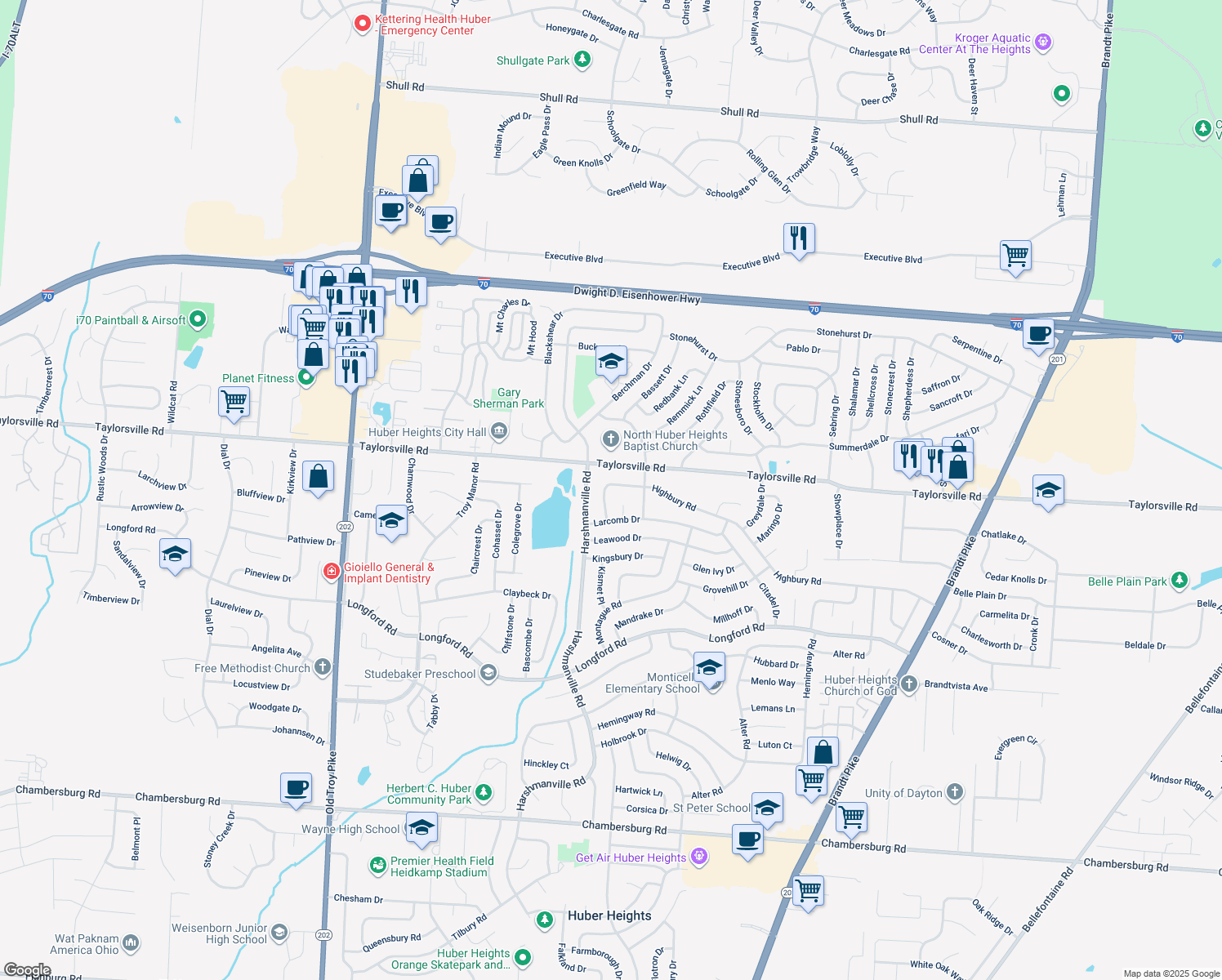map of restaurants, bars, coffee shops, grocery stores, and more near 6440 Highbury Rd in Dayton