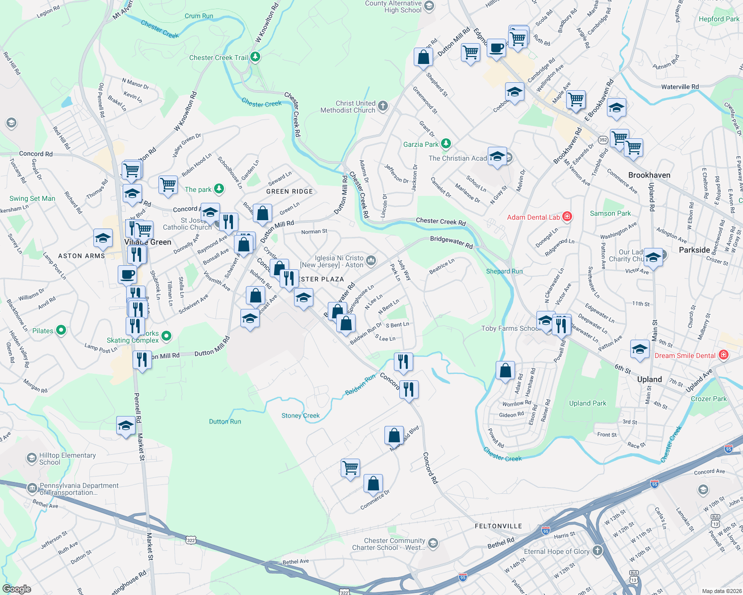 map of restaurants, bars, coffee shops, grocery stores, and more near 4405 West Chester Drive in Aston