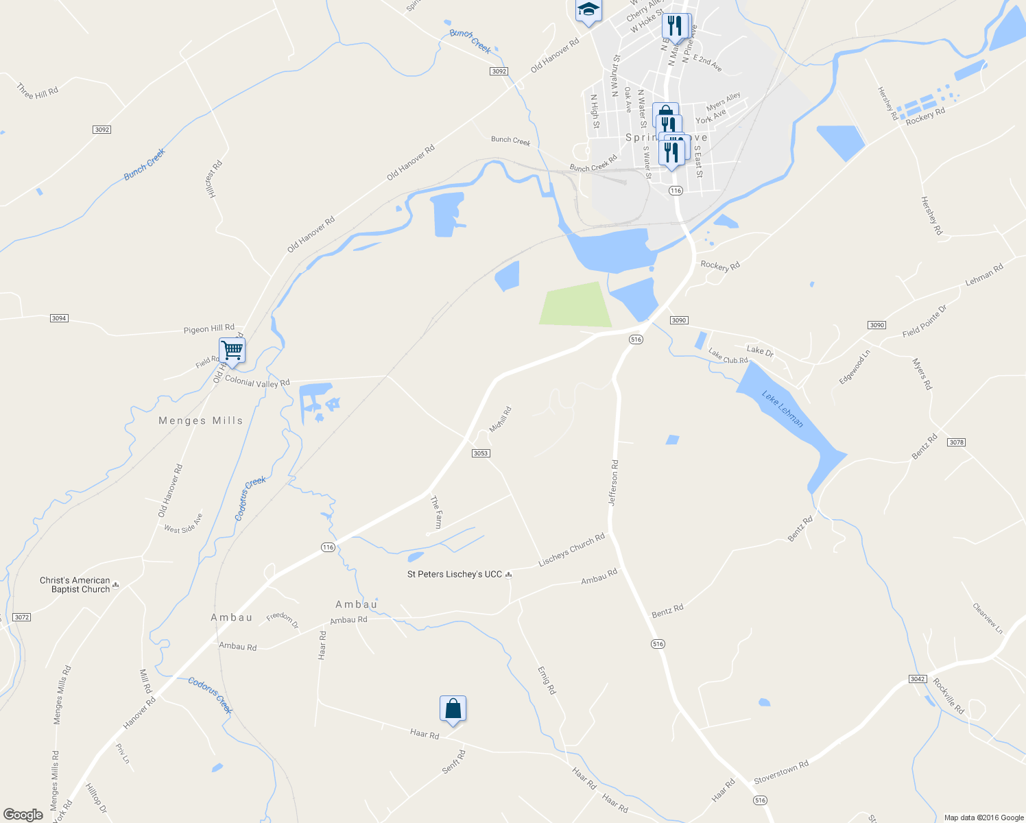 map of restaurants, bars, coffee shops, grocery stores, and more near 5612 Midhill Road in Spring Grove