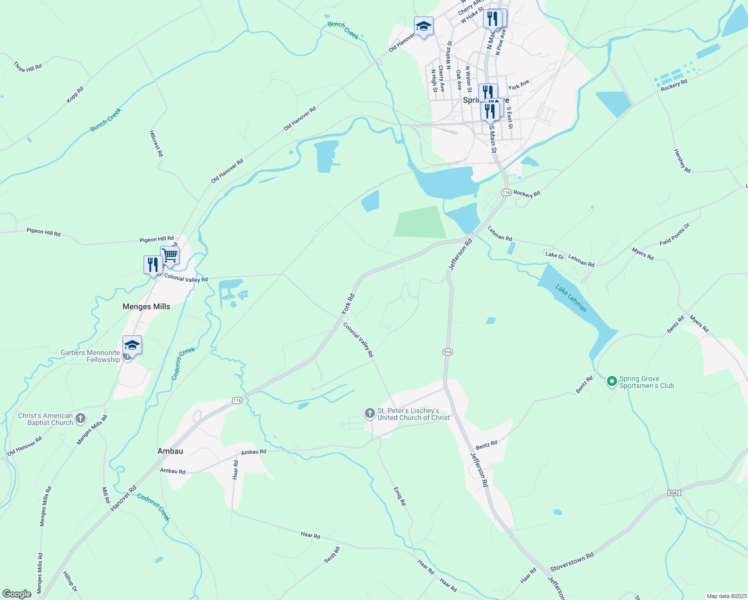 map of restaurants, bars, coffee shops, grocery stores, and more near 5612 Midhill Road in Spring Grove