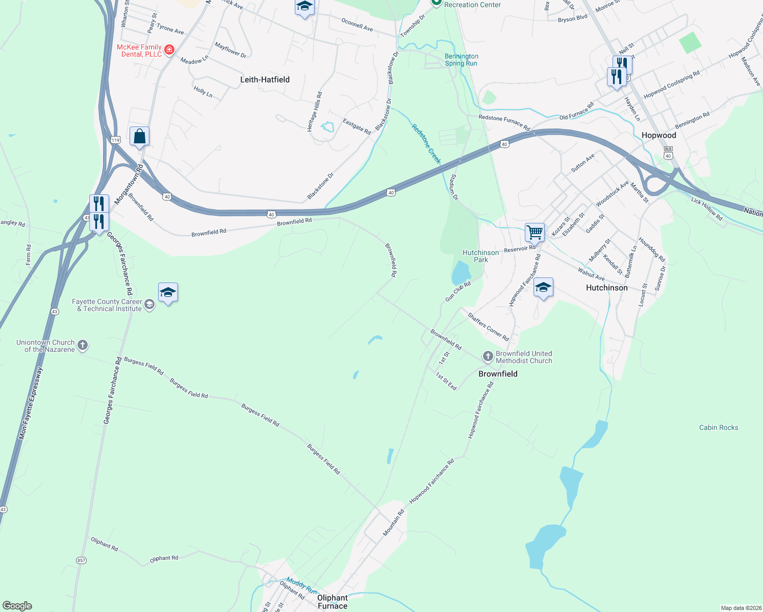 map of restaurants, bars, coffee shops, grocery stores, and more near 1320 Brownfield Rd in Uniontown