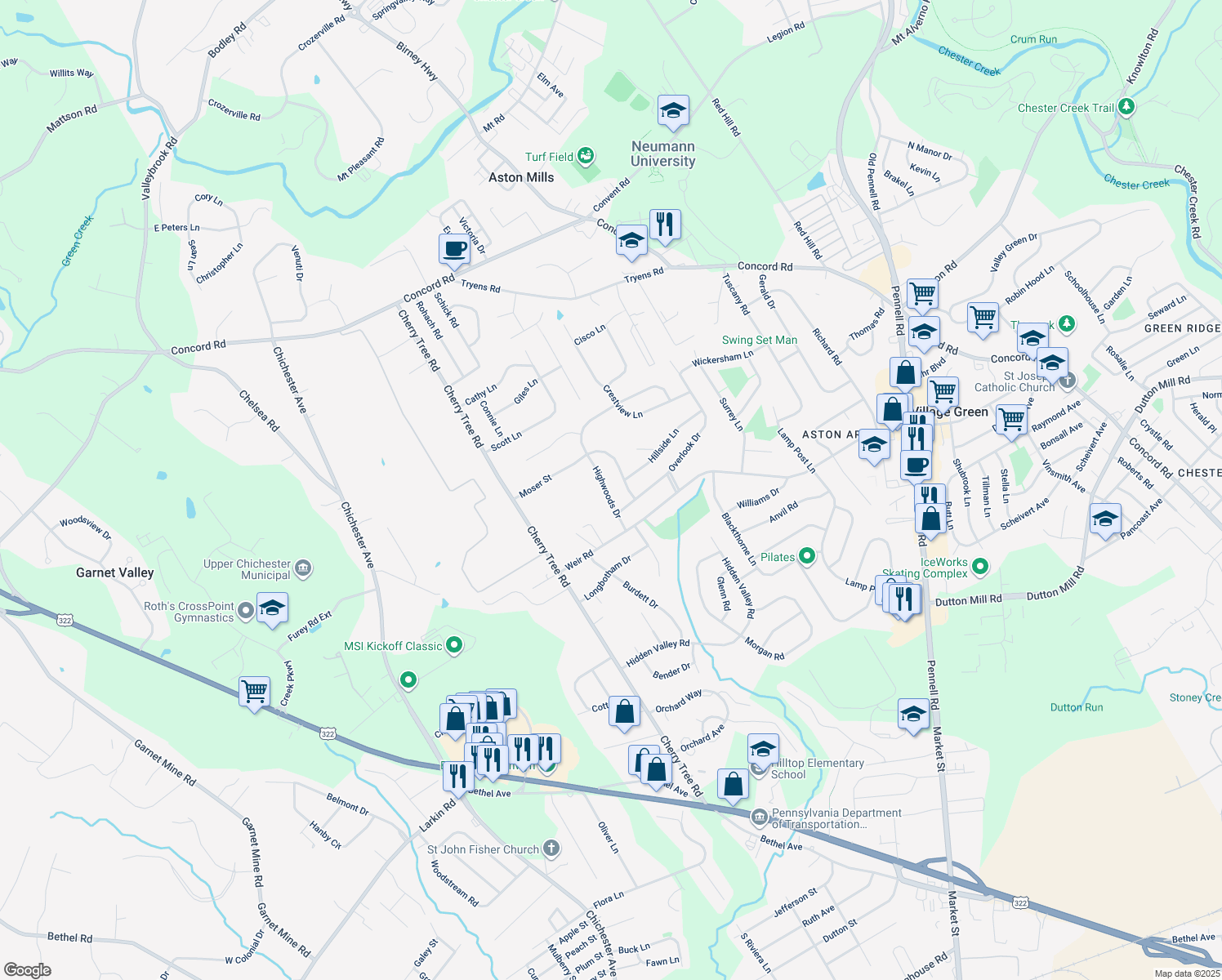 map of restaurants, bars, coffee shops, grocery stores, and more near 3025 Highwoods Drive in Aston