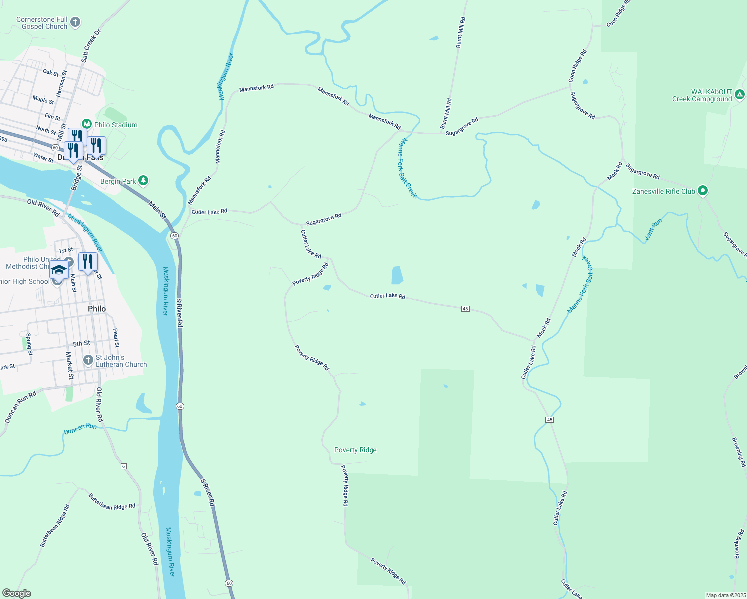 map of restaurants, bars, coffee shops, grocery stores, and more near 5820 Cutler Lake Road in Blue Rock