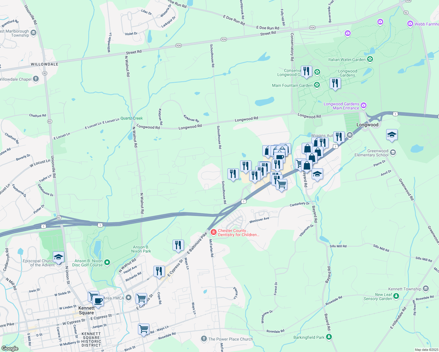 map of restaurants, bars, coffee shops, grocery stores, and more near 313 Cherry Lane in Kennett Square