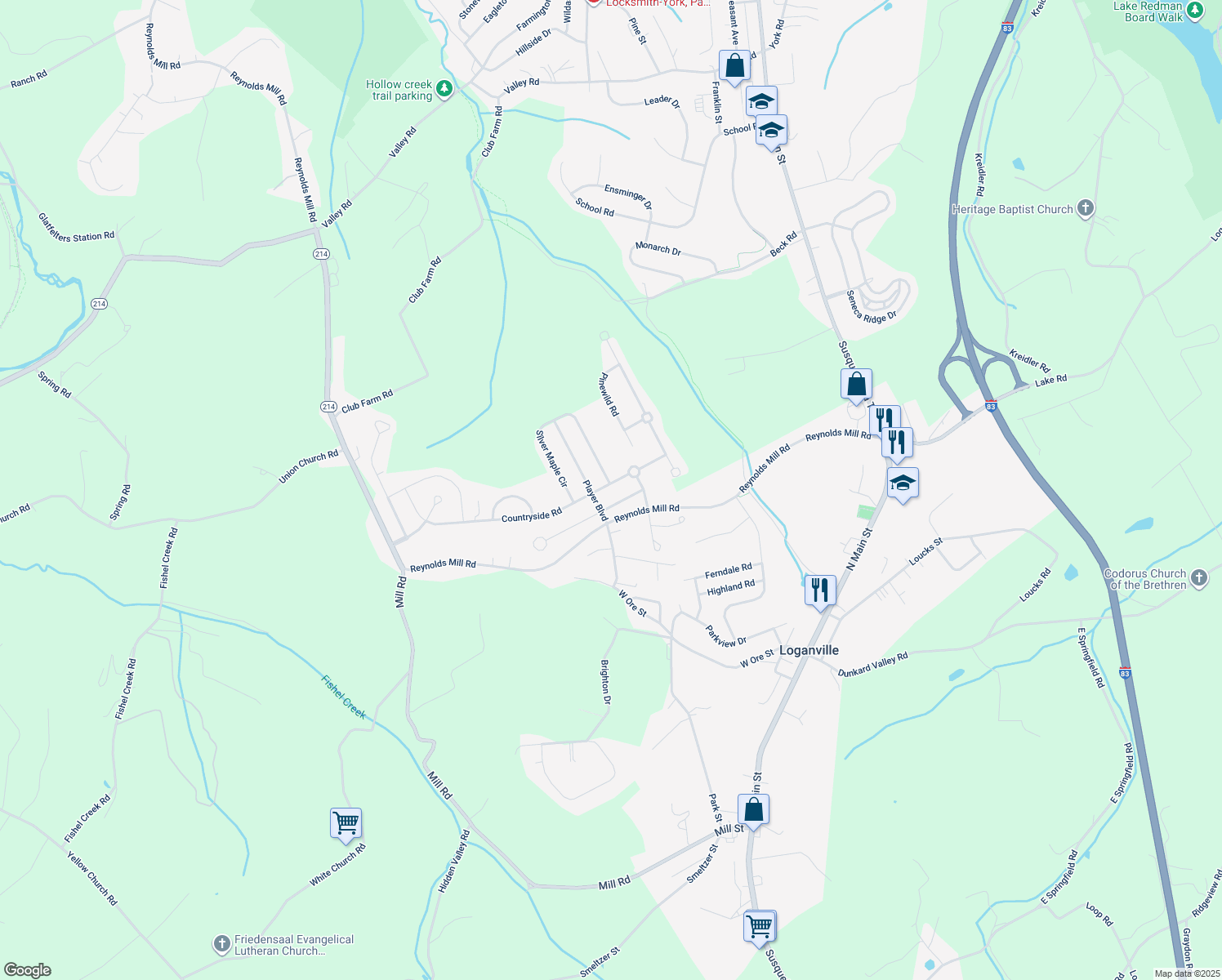 map of restaurants, bars, coffee shops, grocery stores, and more near 601 Countryside Road in Seven Valleys