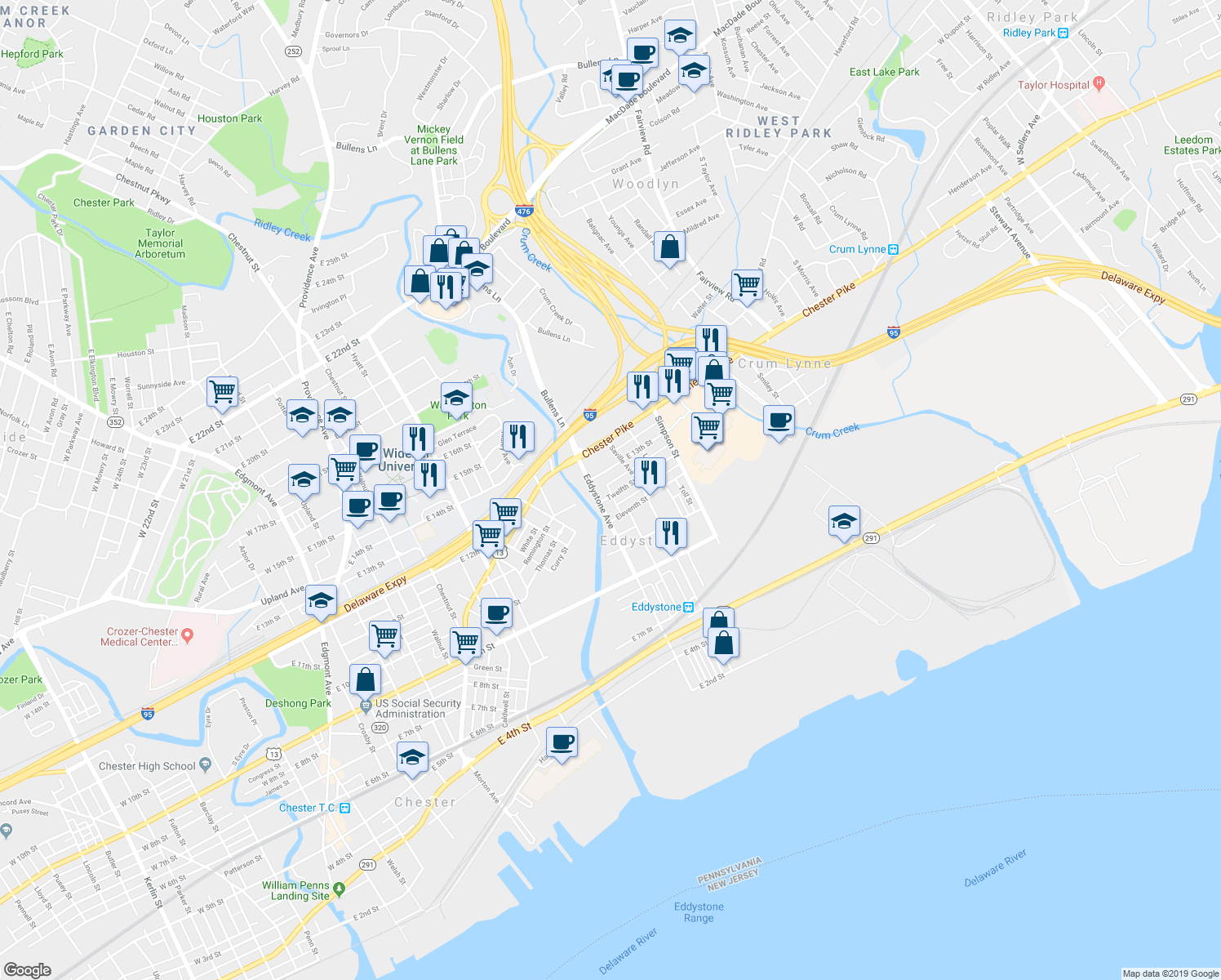 map of restaurants, bars, coffee shops, grocery stores, and more near 1220 E 12th St in Eddystone