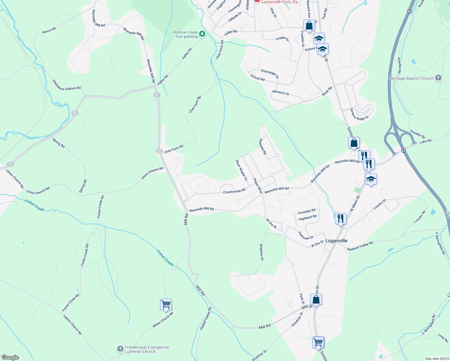 map of restaurants, bars, coffee shops, grocery stores, and more near 890 Cougar Pointe Cir in Seven Valleys