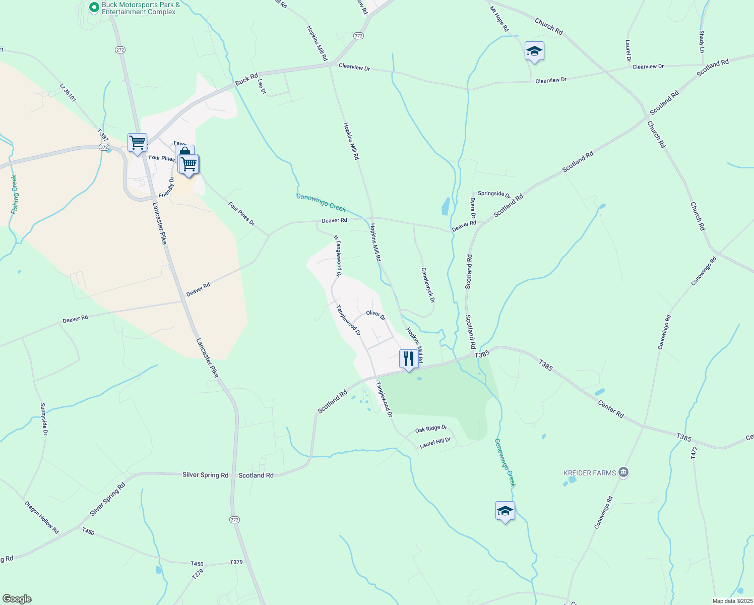 map of restaurants, bars, coffee shops, grocery stores, and more near 9 Timberline Drive in Quarryville