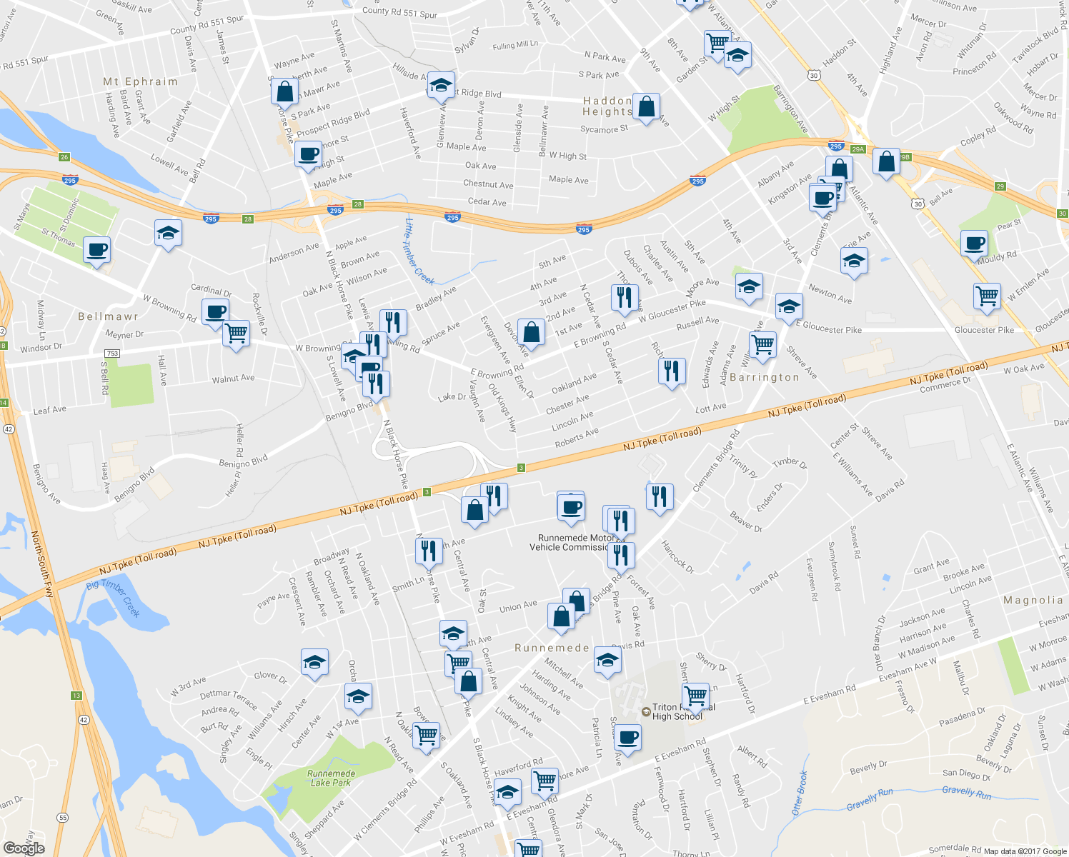 map of restaurants, bars, coffee shops, grocery stores, and more near 217 Lincoln Avenue in Bellmawr