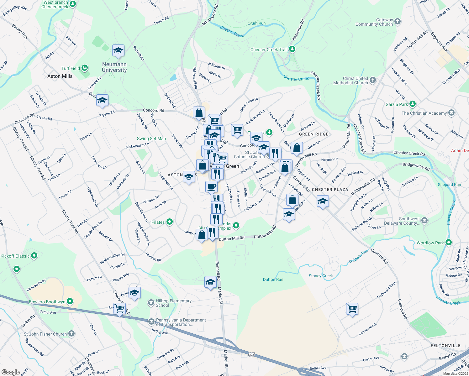 map of restaurants, bars, coffee shops, grocery stores, and more near 308 Raymond Avenue in Aston