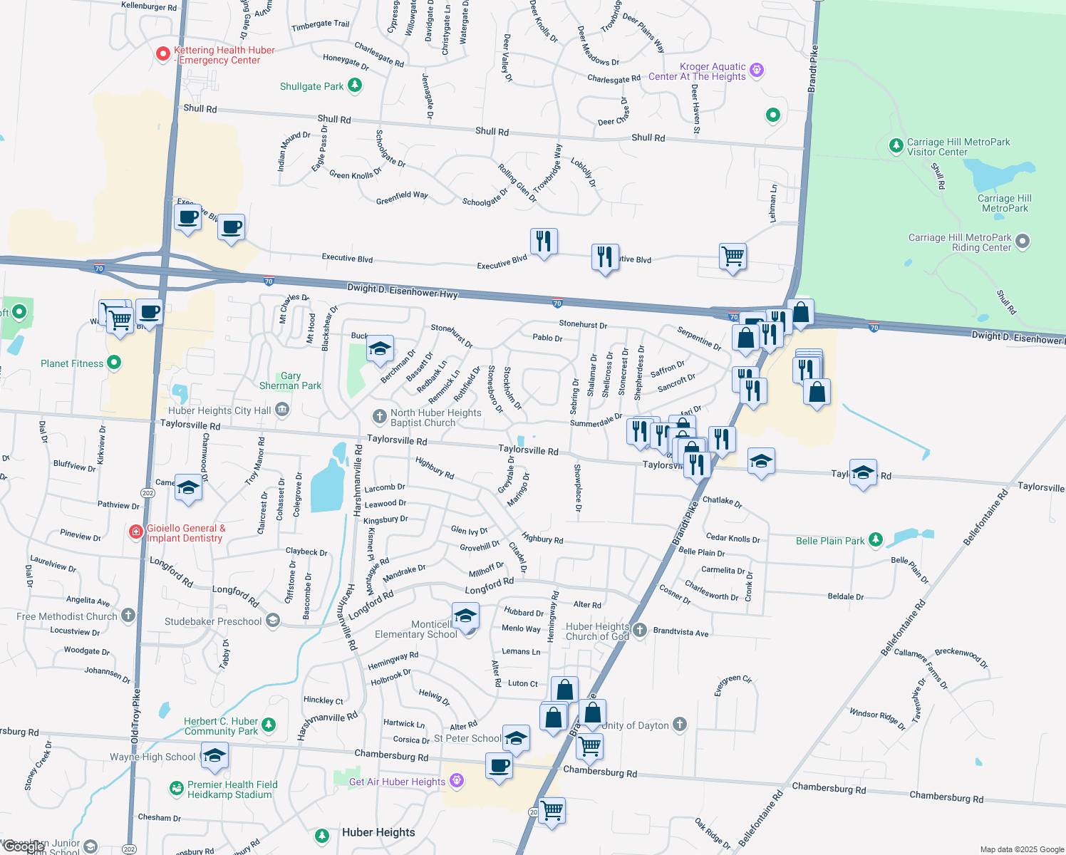 map of restaurants, bars, coffee shops, grocery stores, and more near 6738 Summerdale Drive in Dayton
