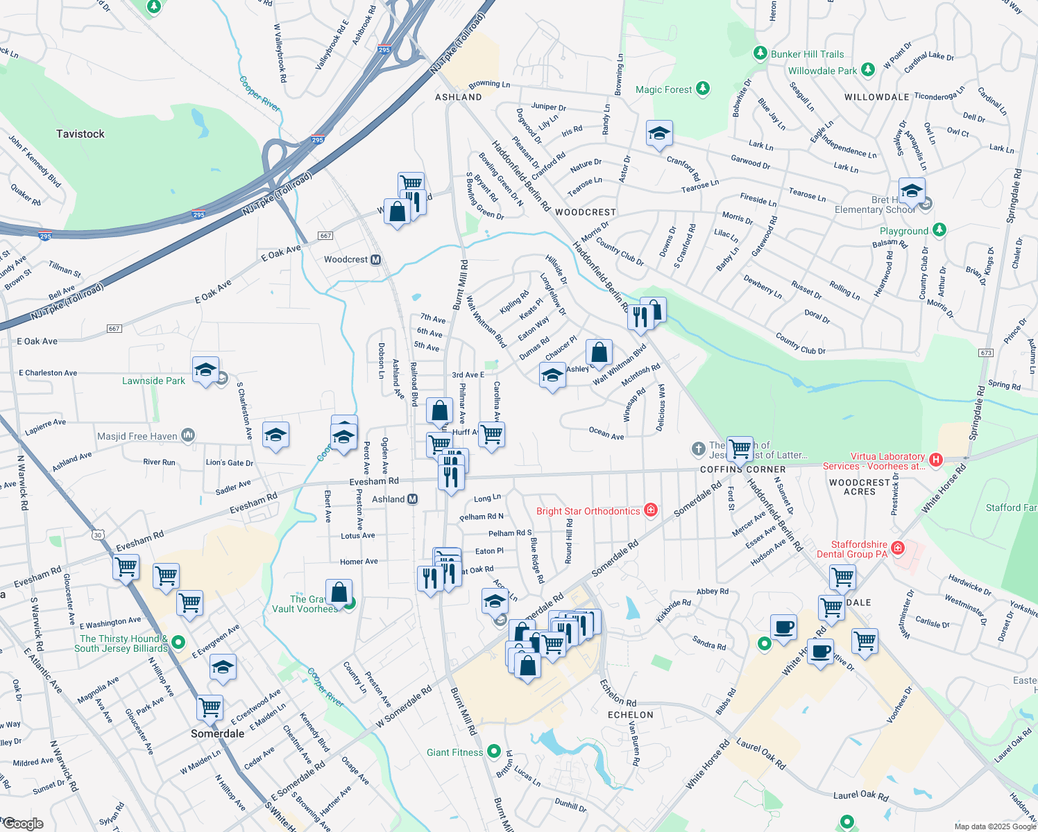 map of restaurants, bars, coffee shops, grocery stores, and more near 107 Carolina Avenue in Cherry Hill