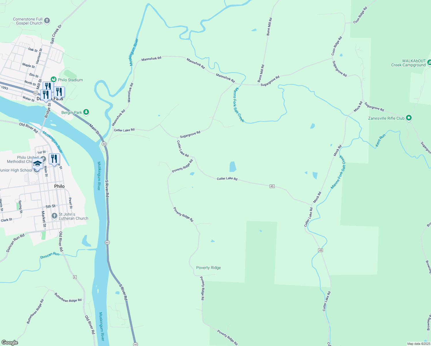map of restaurants, bars, coffee shops, grocery stores, and more near 5820 Cutler Lake Road in Blue Rock